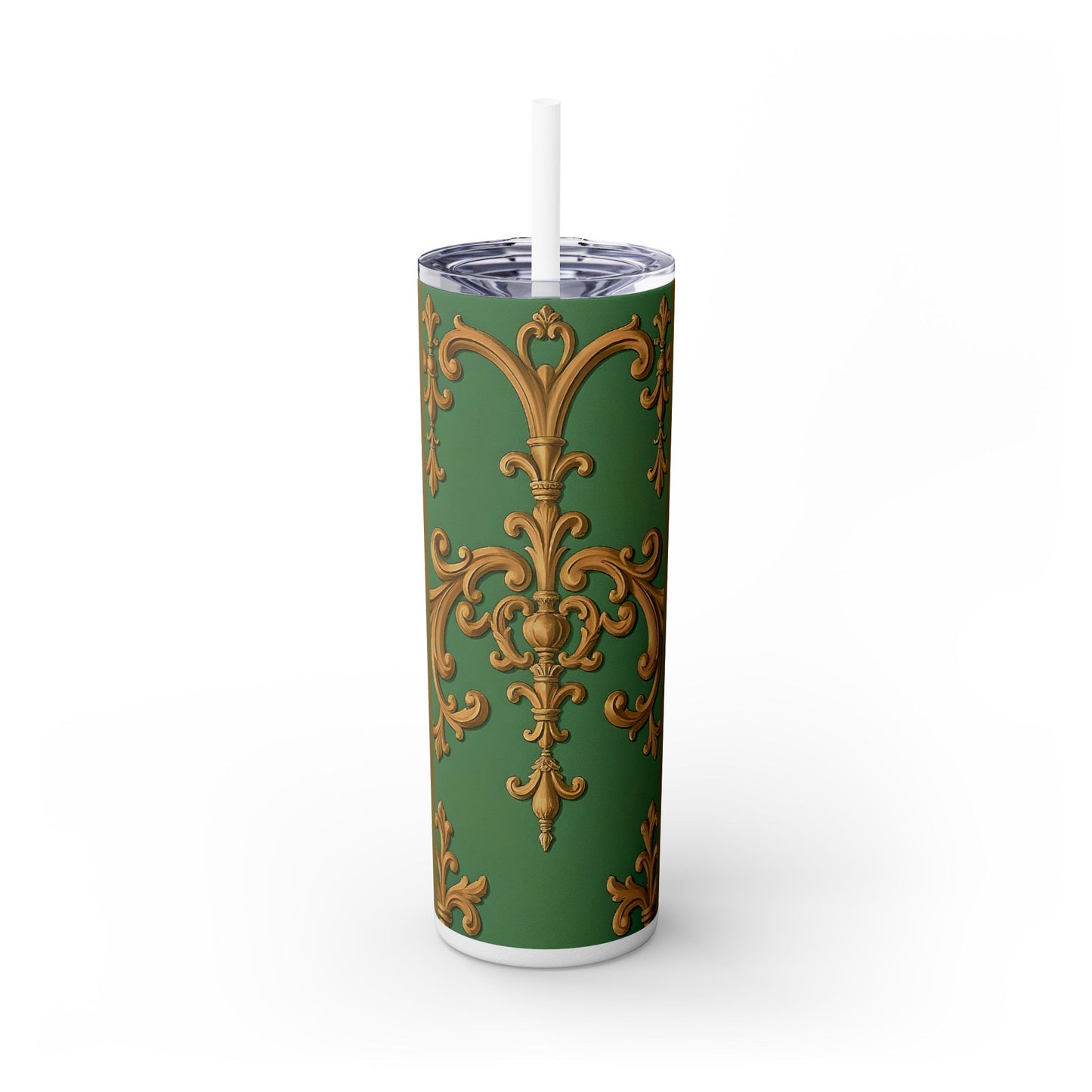Elegant Green Pattern Skinny Tumbler with Straw, Stylish Drinkware, Gift for Her, Travel Mug, Home Decor, Floral Design - Olive Green Striped Rococo