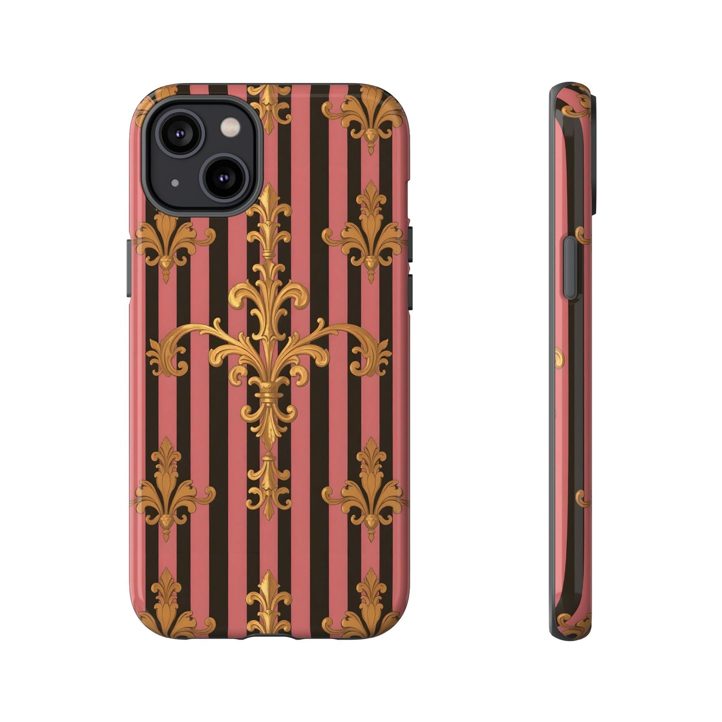 Elegant Floral Motif Phone Case - Tough Cases with Vintage Design - Mauve Striped Gold Damask
