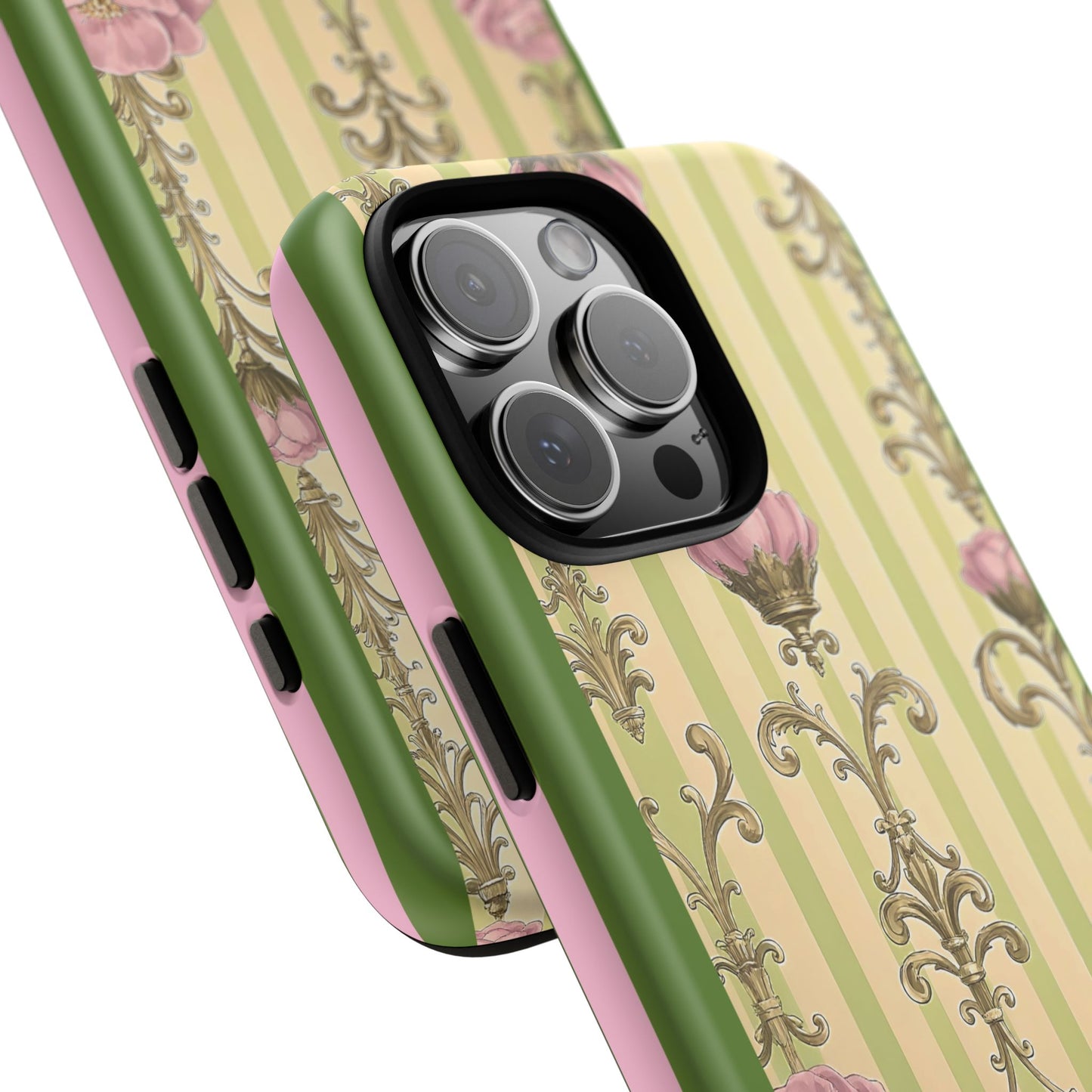 Elegant Floral Motif Phone Case - Tough Cases with Vintage Design - Lime Green & Pink Striped Damask