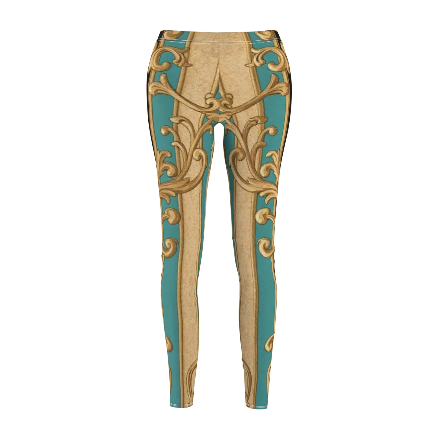 Black, Tan & Ocean Green Striped Gold Baroque Women's Leggings, Casual Stretch Pants, Fashionable Activewear, Unique Gift for Her