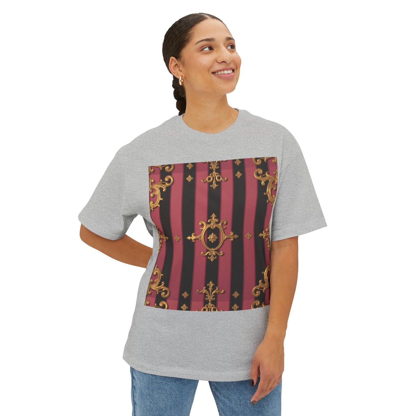Stylish Black & Mauve Striped Gold Baroque Oversized Tee - Chic Statement Top, Casual Fashion, Perfect for Festivals