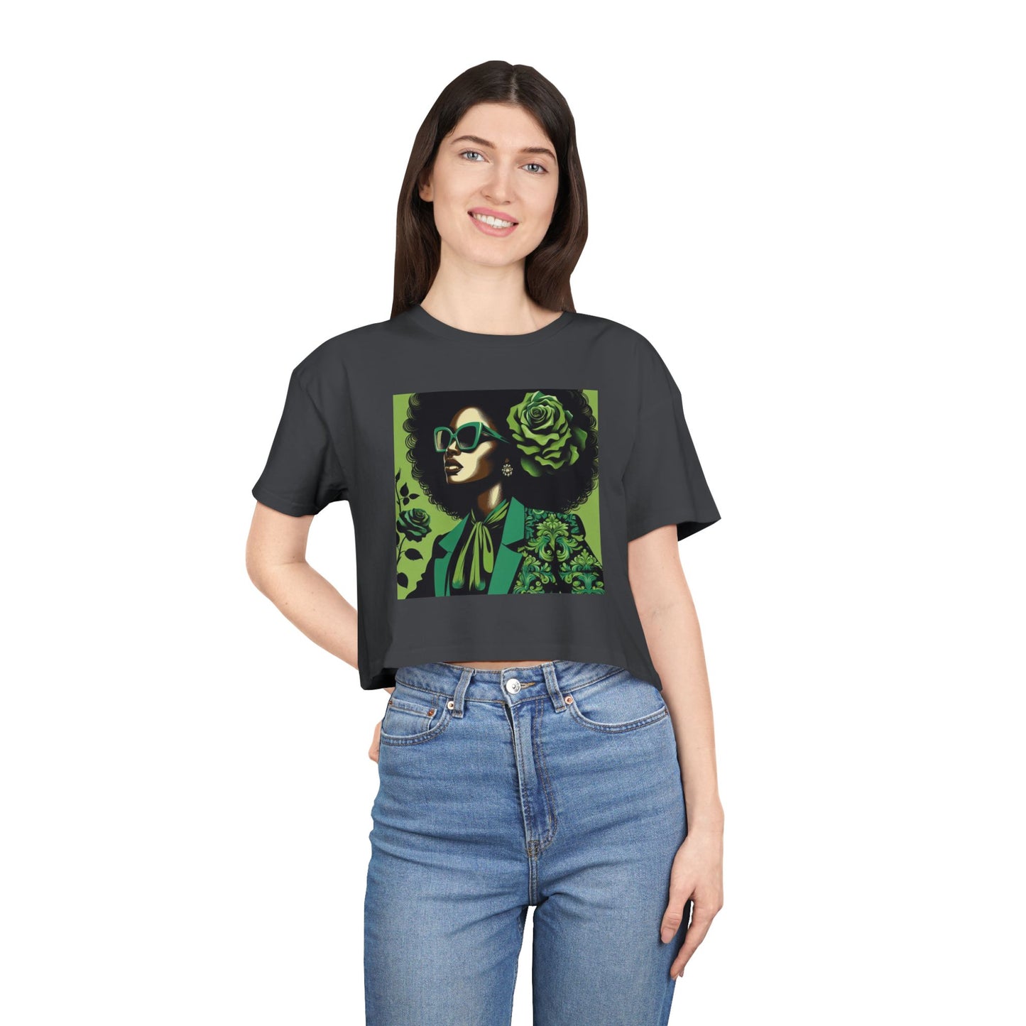Stylish Women's Crop Tee with Damask Design | Trendy Summer Top, Afro Crop Shirt, Casual Wear, Gift for Her - Lady in Green Damask
