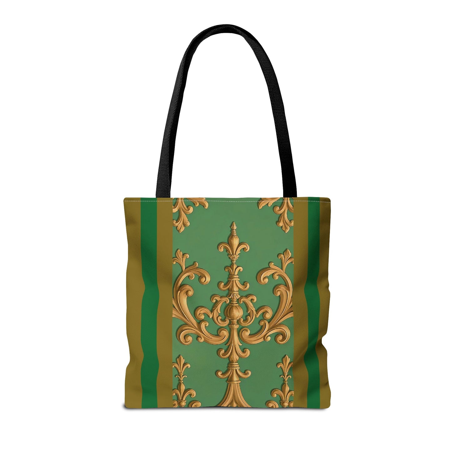Ornate Floral Tote Bag, Chic Shopping Bag, Fashionable Eco Tote, Stylish Gift for Her, Versatile Everyday Use - Olive Green Striped Rococo
