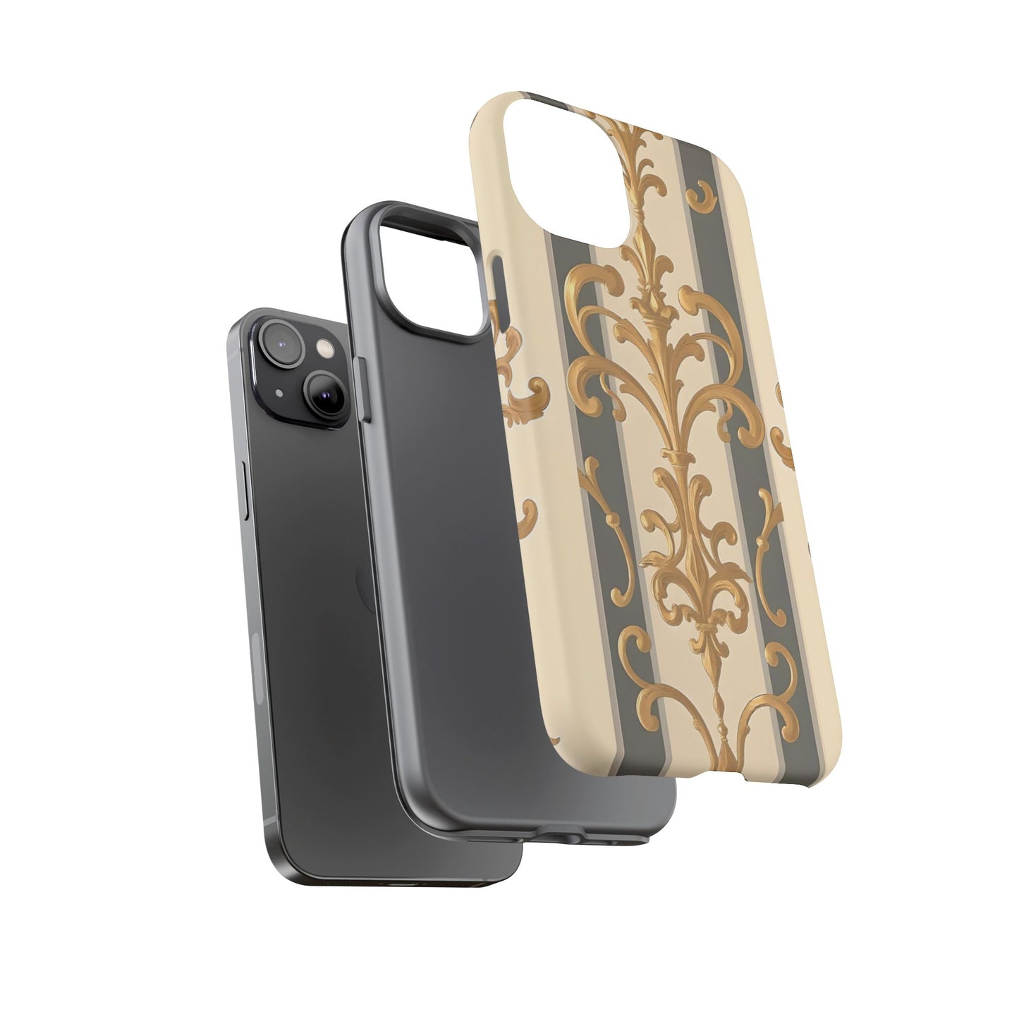 Elegant Floral Motif Phone Case - Tough Cases with Vintage Design - Dusk Olive Striped Gold Damask