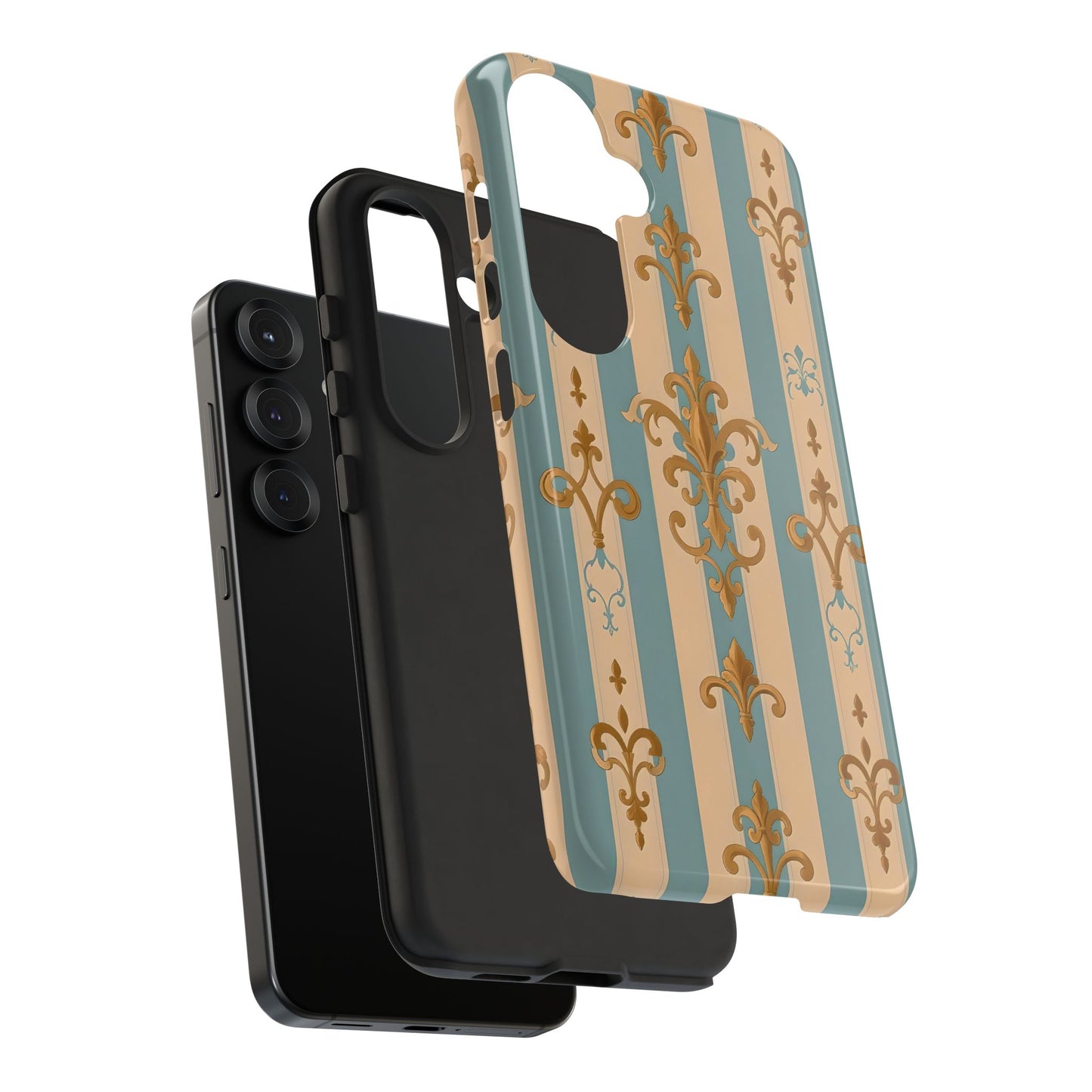 Elegant Floral Motif Phone Case - Tough Cases with Vintage Design -  Beige & Sky Blue Striped Gold Damask