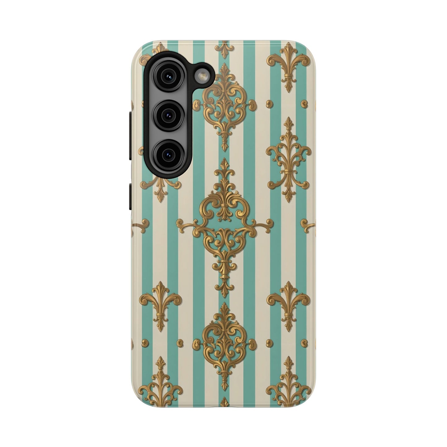 Elegant Striped Phone Case with Vintage Design, Tough Phone Cover, Stylish Smartphone Case - Matte Green Striped Rococo