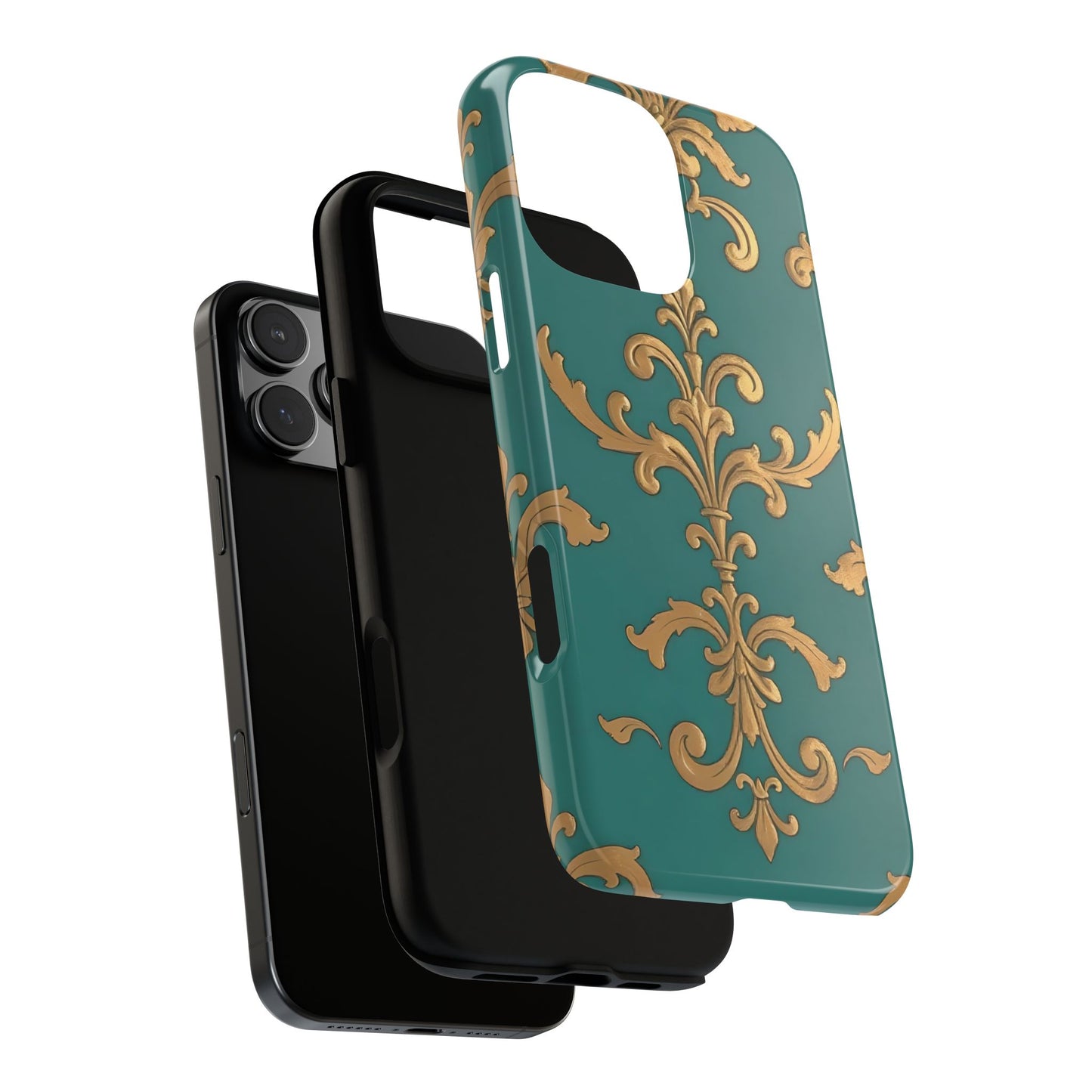 Elegant Floral Motif Phone Case - Tough Cases with Vintage Design - Aqua & Gold Damask
