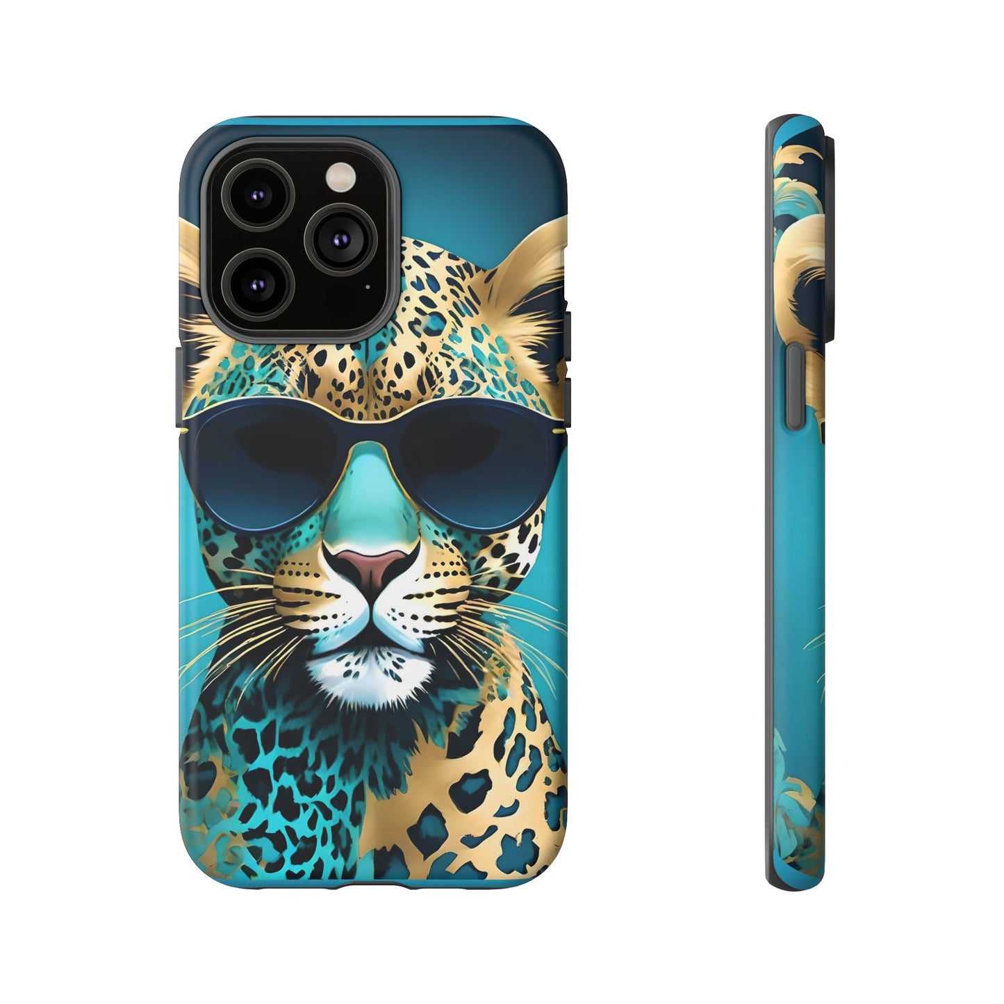 Phone Case - Aqua & Gold Leopard In Sunglasses Design
