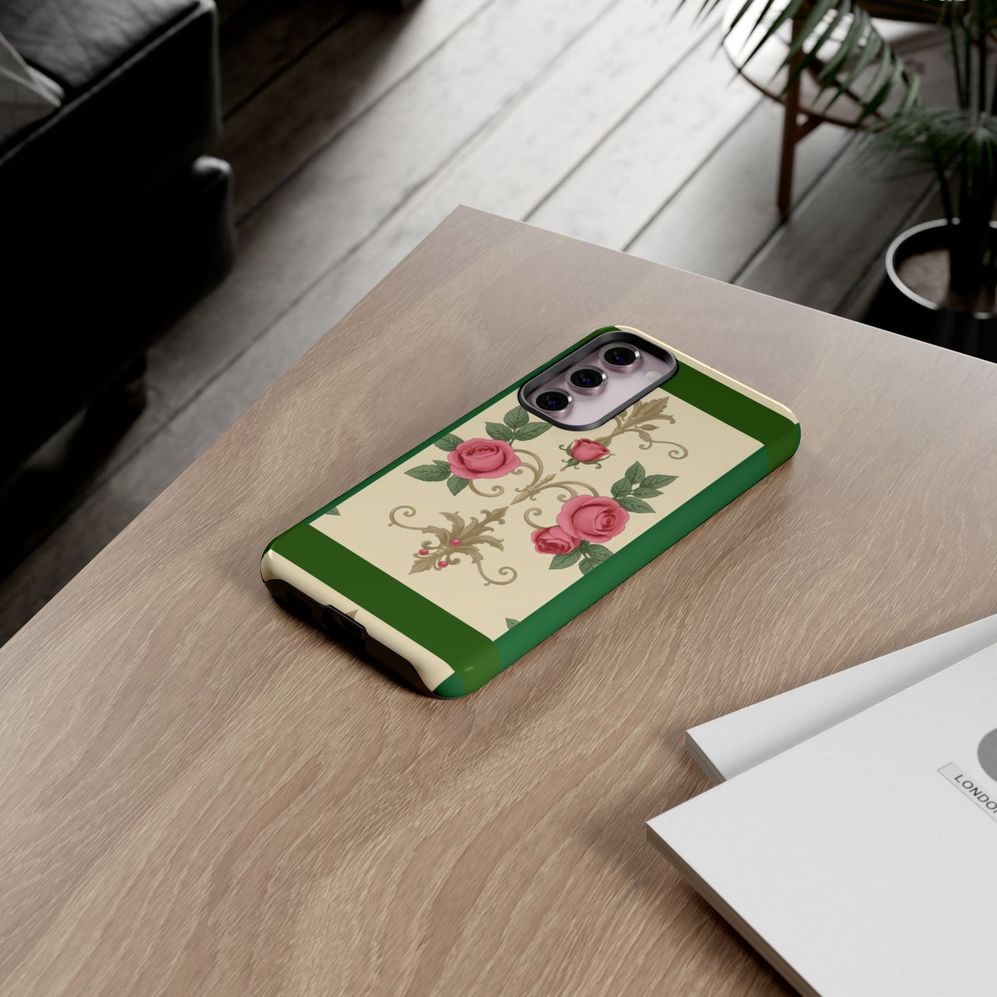 Elegant Floral Motif Phone Case - Tough Cases with Vintage Design - Green Border Roses & Damask