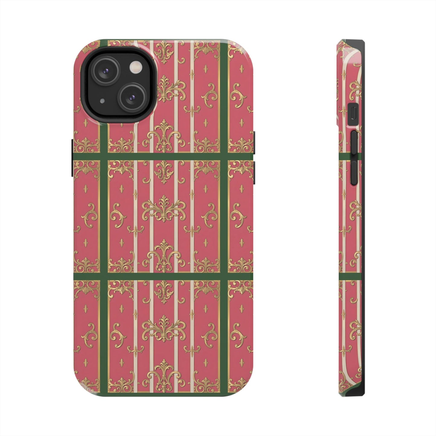 Elegant Green Border Pink Striped Baroque Phone Cases, Tough Phone Cases for Protection, Stylish Mobile Accessories, Gift for Her, Holiday Tech Gifts