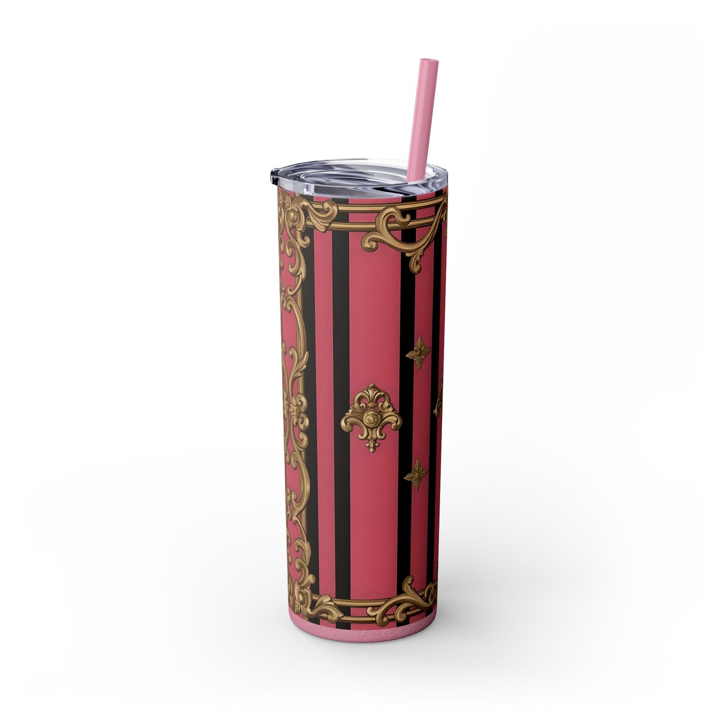 Elegant Pink Striped Skinny Tumbler with Straw, 20oz, Stylish Drinkware, Custom Gift Idea, Travel Mug, Wedding Gift - Pink Striped Gold Rococo