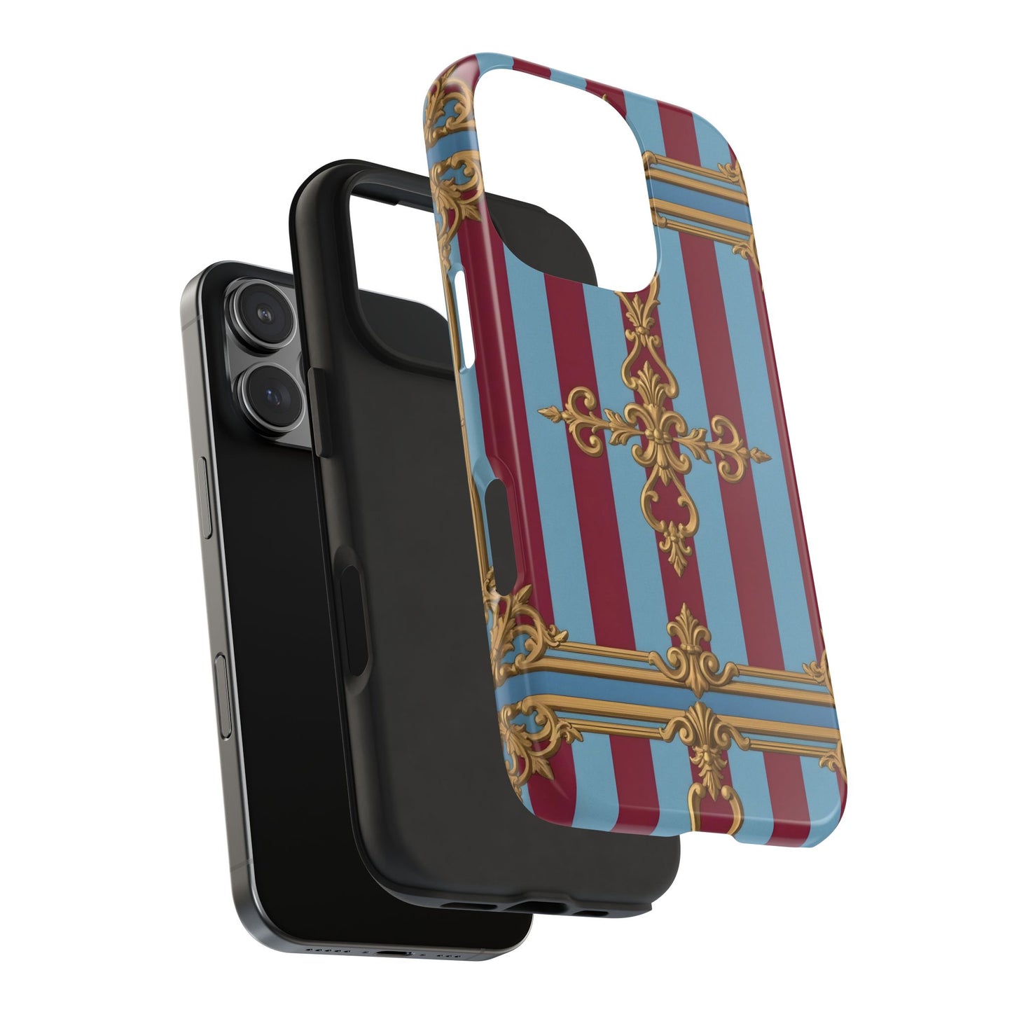 Elegant Patterned Tough Phone Cases, Stylish Phone Cover, Durable Phone Protection, Unique Gift Idea - Sky Blue & Maroon Striped Baroque