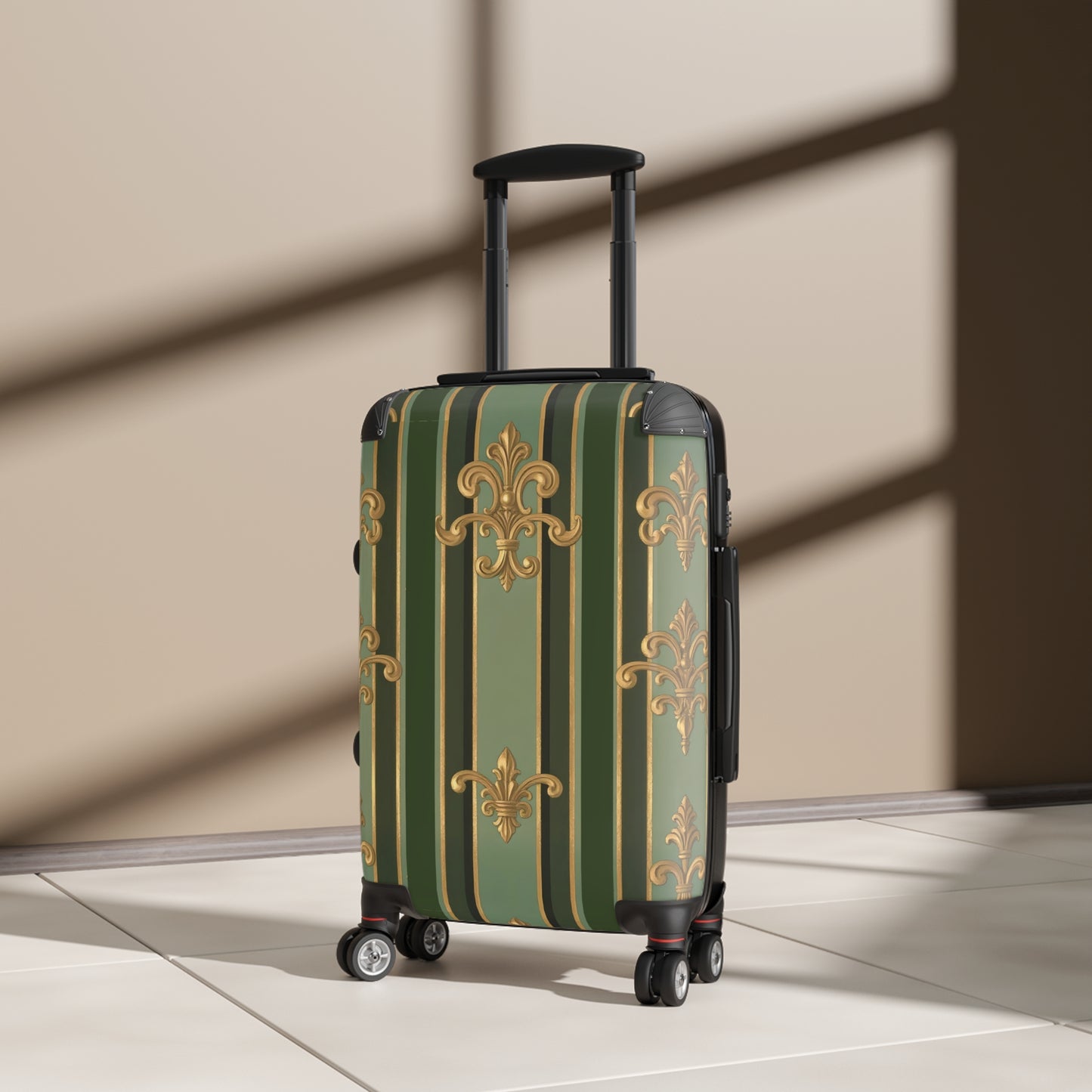 Elegant Travel Suitcase with Vintage Design, Personalized Luggage for Travelers, Monogrammed Carry-On - Green Striped Gold Baroque