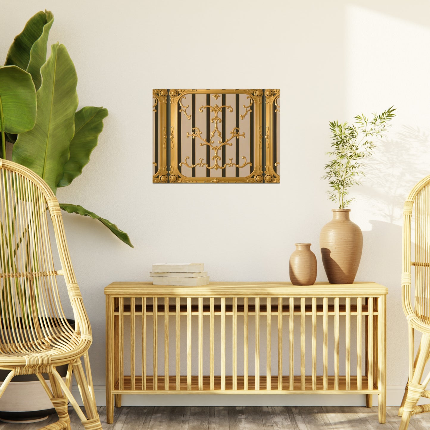Ornate Foam Board Wall Art, Elegant Home Decor, Decorative Foam Panel, Gift for Homeowners, Wedding Decor Ideas - Beige Striped Gold Rococo
