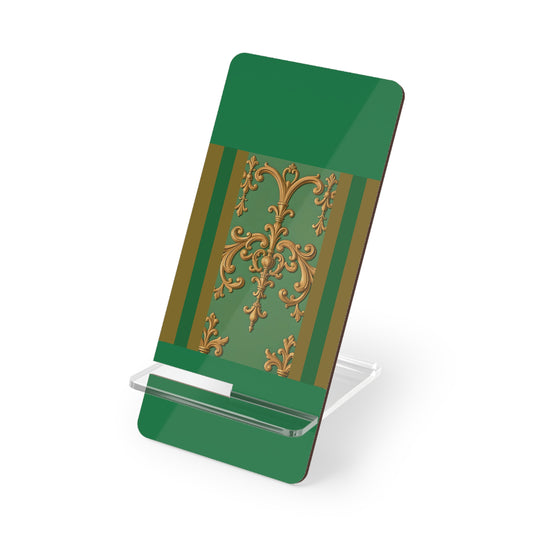 Elegant Mobile Display Stand for Smartphones, Decorative Phone Holder, Green and Gold Design, Stylish Desk Accessory - Olive Green Striped Rococo