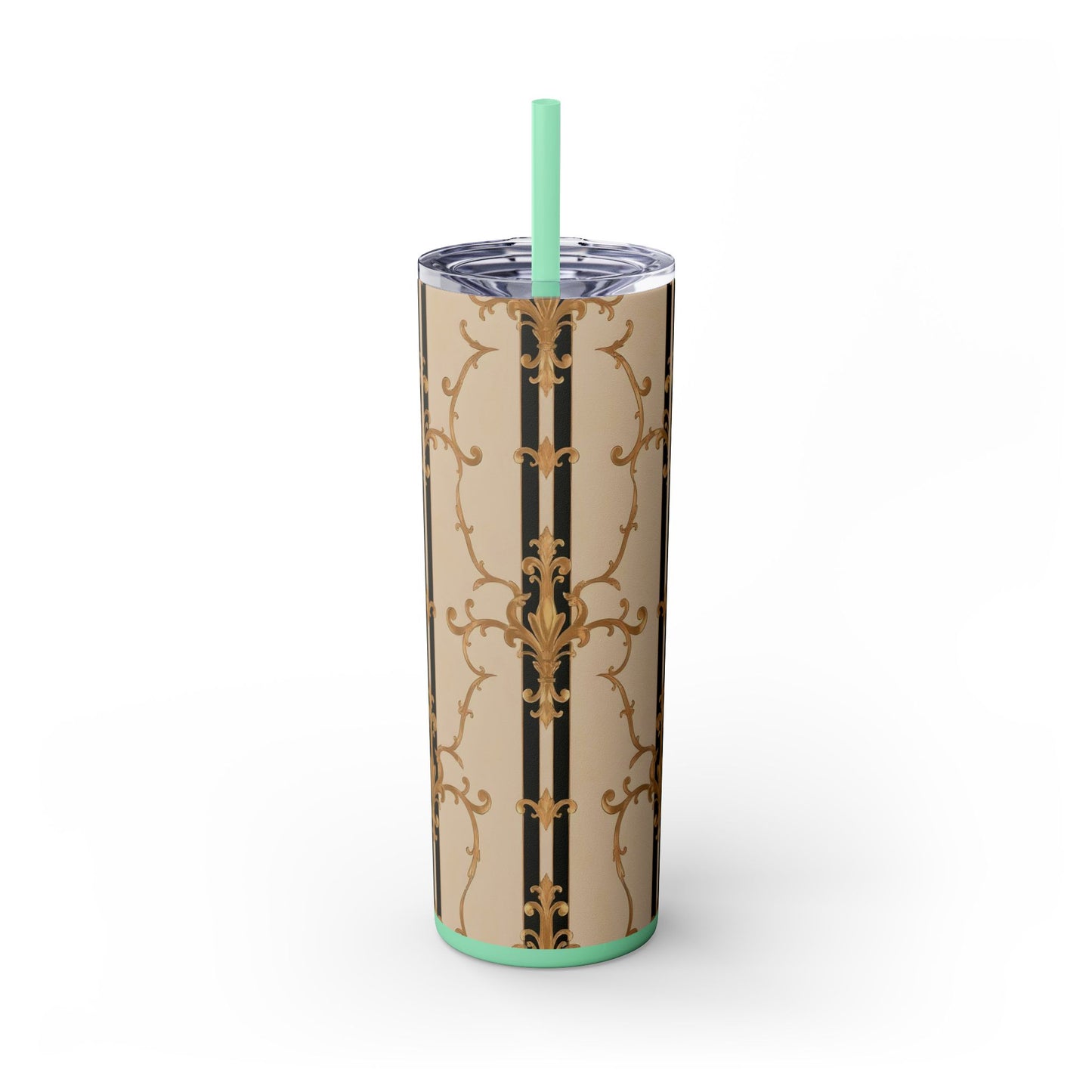 Elegant Gold Patterned Skinny Tumbler with Straw, 20oz | Stylish Travel Mug, Gift for Her, Fancy Drinkware - Black & Beige Striped Damask