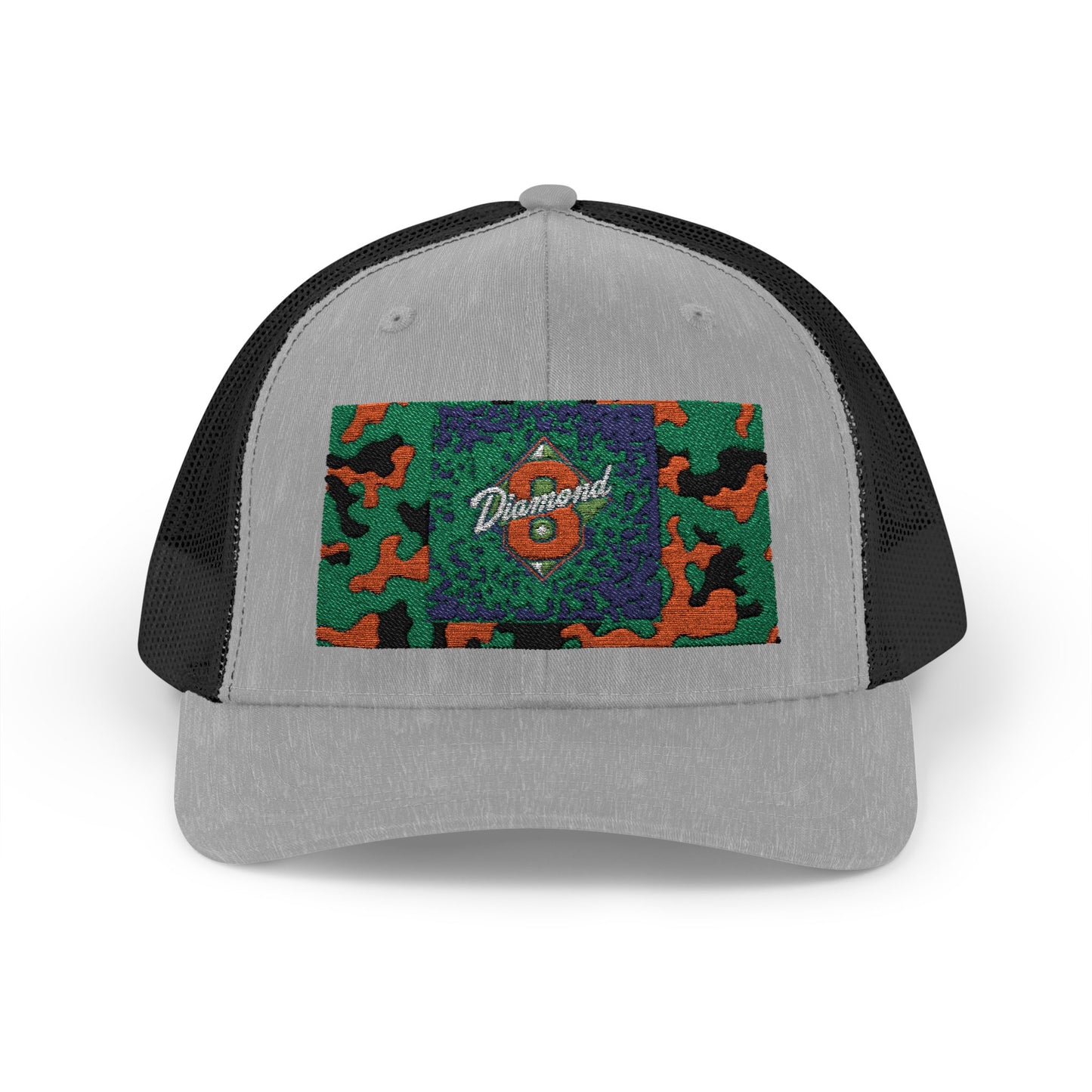 Colorful Camouflage Snapback Trucker Cap, Casual Hat, Outdoor Gear, Unisex Headwear, Gift for Him/Her - Green & Orange Camo Diamond 8