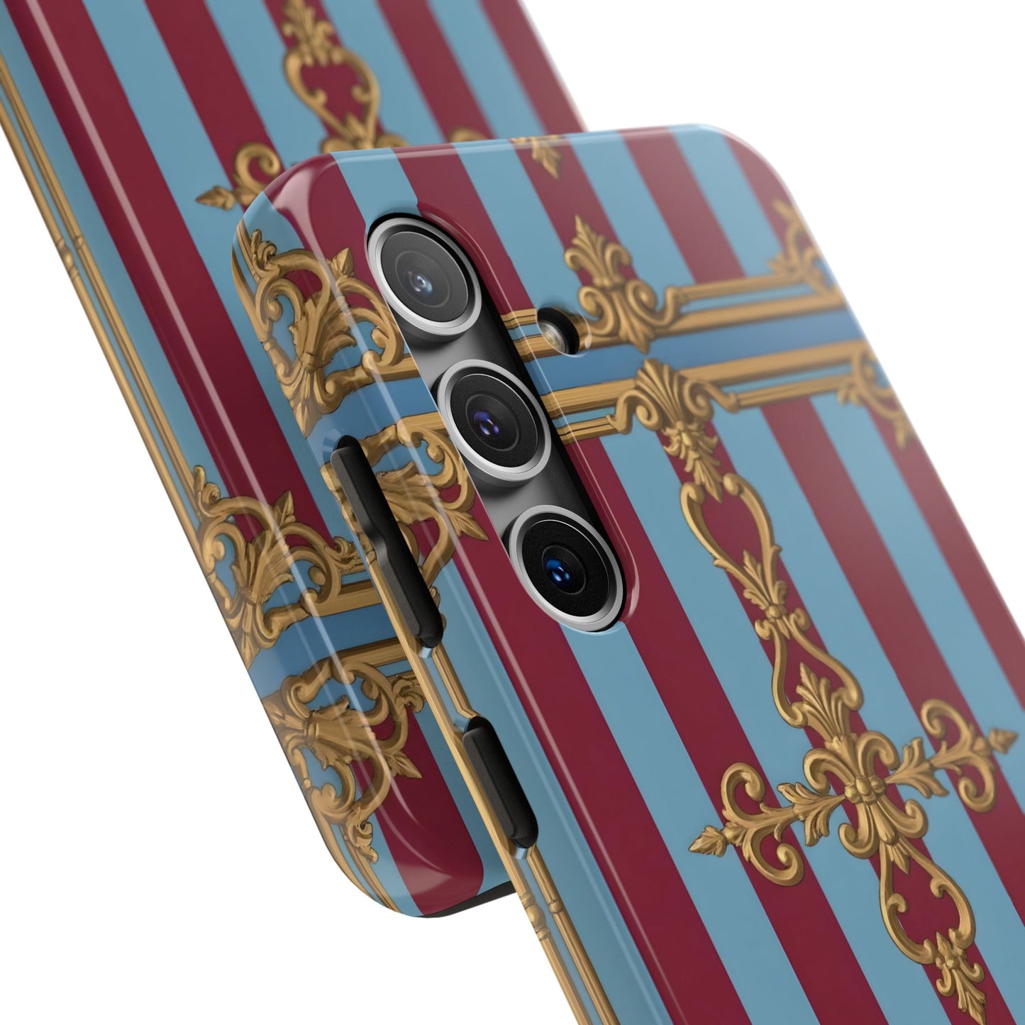 Elegant Patterned Tough Phone Cases, Stylish Phone Cover, Durable Phone Protection, Unique Gift Idea - Sky Blue & Maroon Striped Baroque