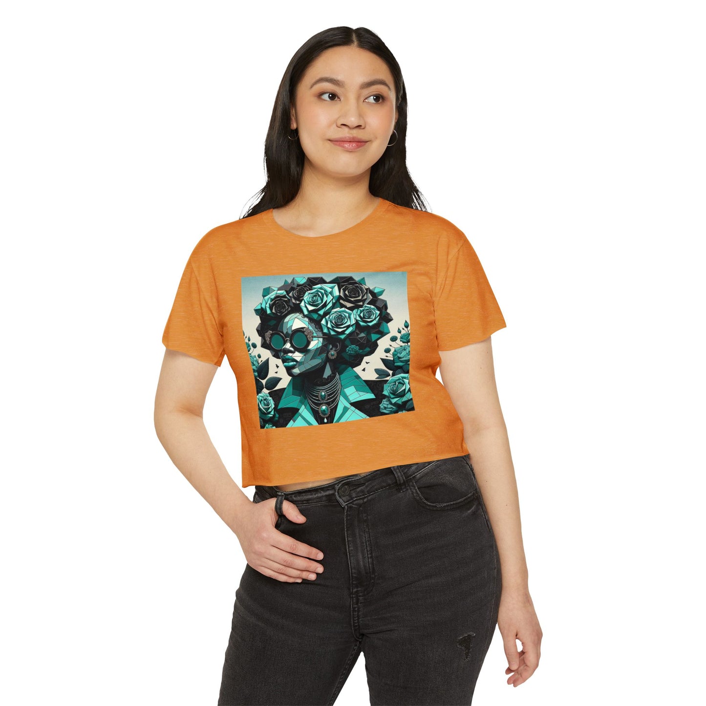 Women's Festival Crop Top with Artistic Floral Design, Boho Clothing, Trendy Summer Style, Perfect for Music Festivals - Turquoise & Black Roses Lady