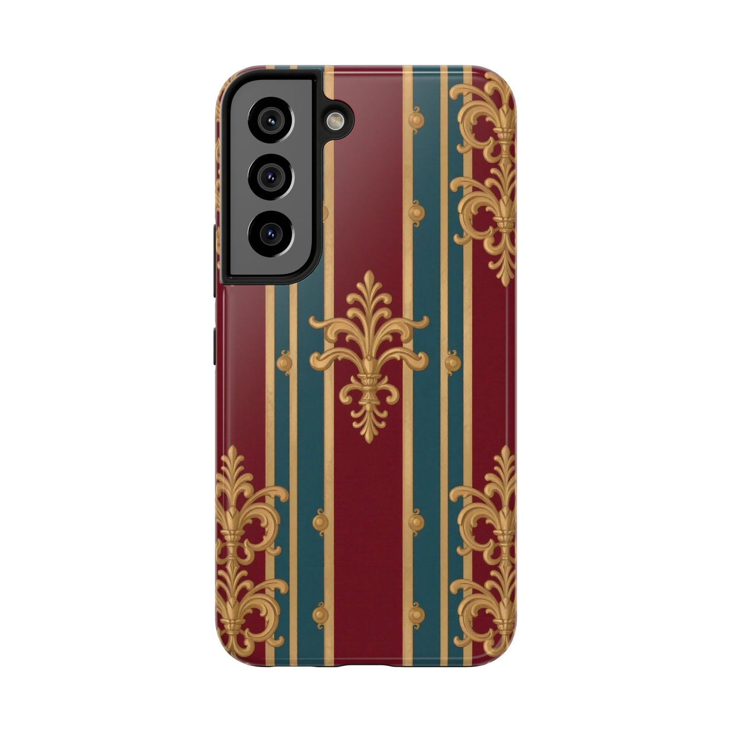 Elegant Vintage Tough Phone Case, Luxury Phone Protection, Stylish Phone Cover, Durable Phone Accessory - Burgundy Striped Gold Baroque