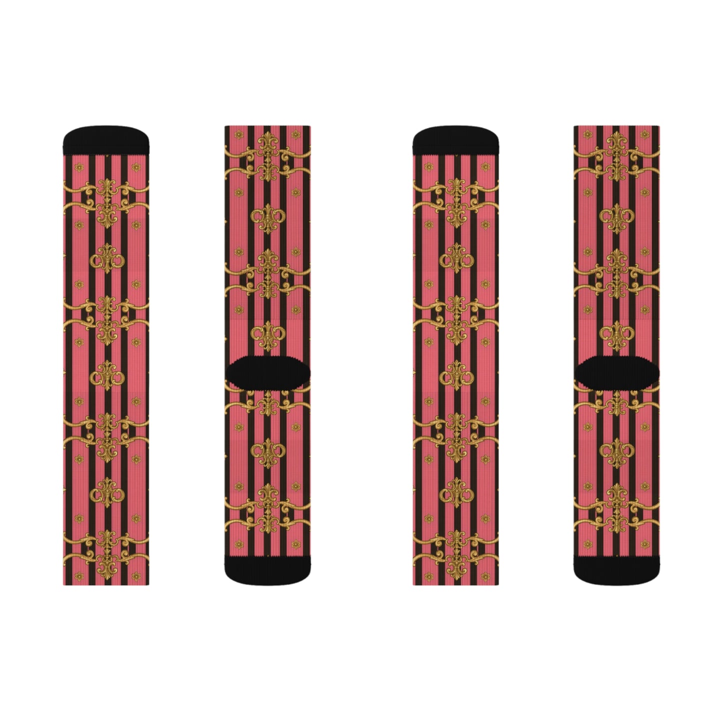Chic Patterned Sublimation Socks, Fashion Socks, Unique Gift for Her, Trendy Accessories, Cozy Casual Wear - Pink & Black Striped Gold Baroque