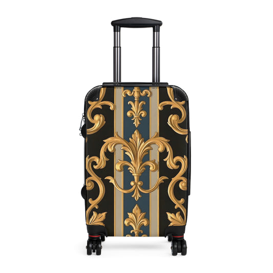 Elegant Travel Suitcase - Vintage Floral Design for Adventurers, Luggage, Holiday Travel, Vacation, Stylish Accessories - Blue & Black Striped Rococo