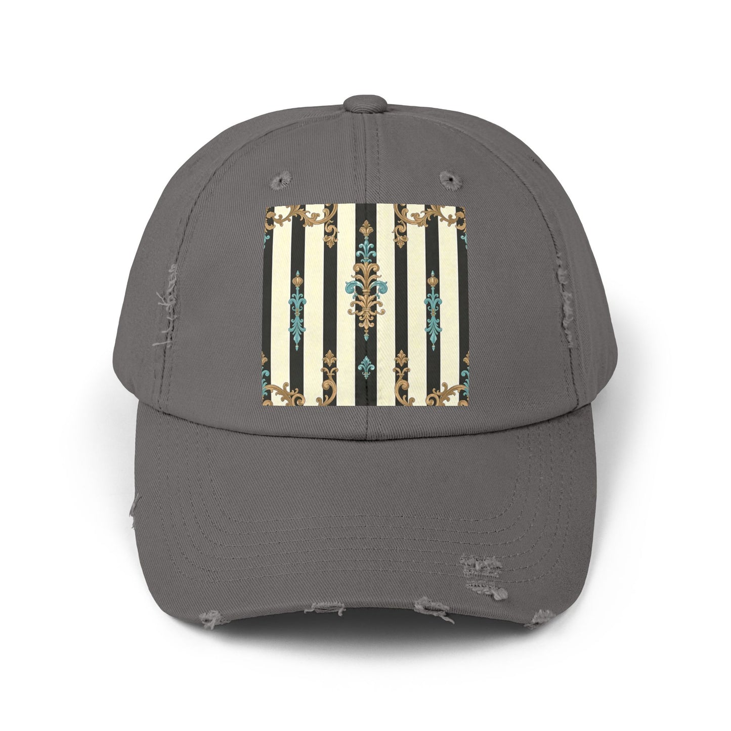 Trendy Distressed Cap for Fashion Lovers, Casual Cap, Gift for Him, Gift for Her - Black Striped Turquoise & Black Rococo