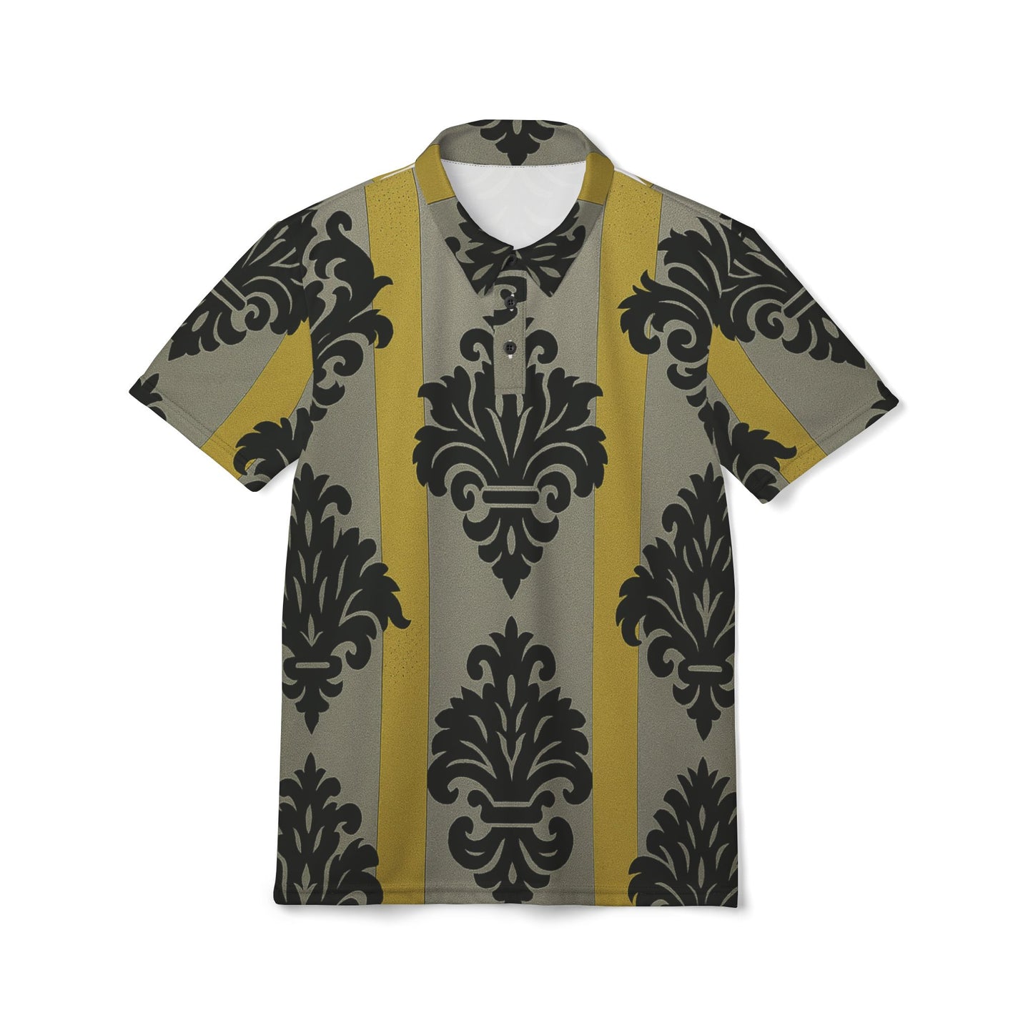 Chic Unisex Polo Shirt with Striking Pattern - Perfect for Casual Outings, Weekend Getaways - Silver & Gold Striped Black Baroque