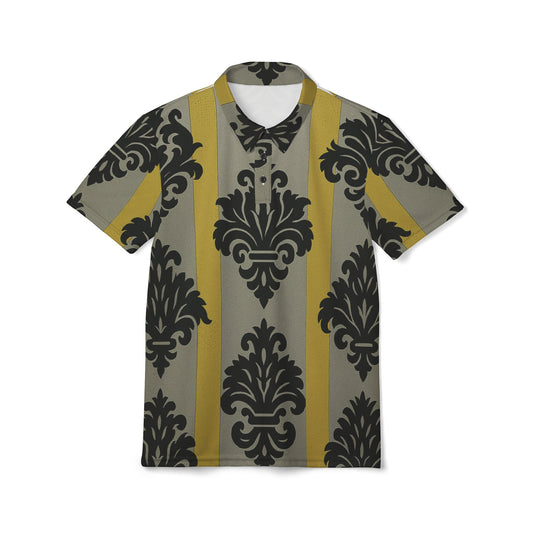 Chic Unisex Polo Shirt with Striking Pattern - Perfect for Casual Outings, Weekend Getaways - Silver & Gold Striped Black Baroque
