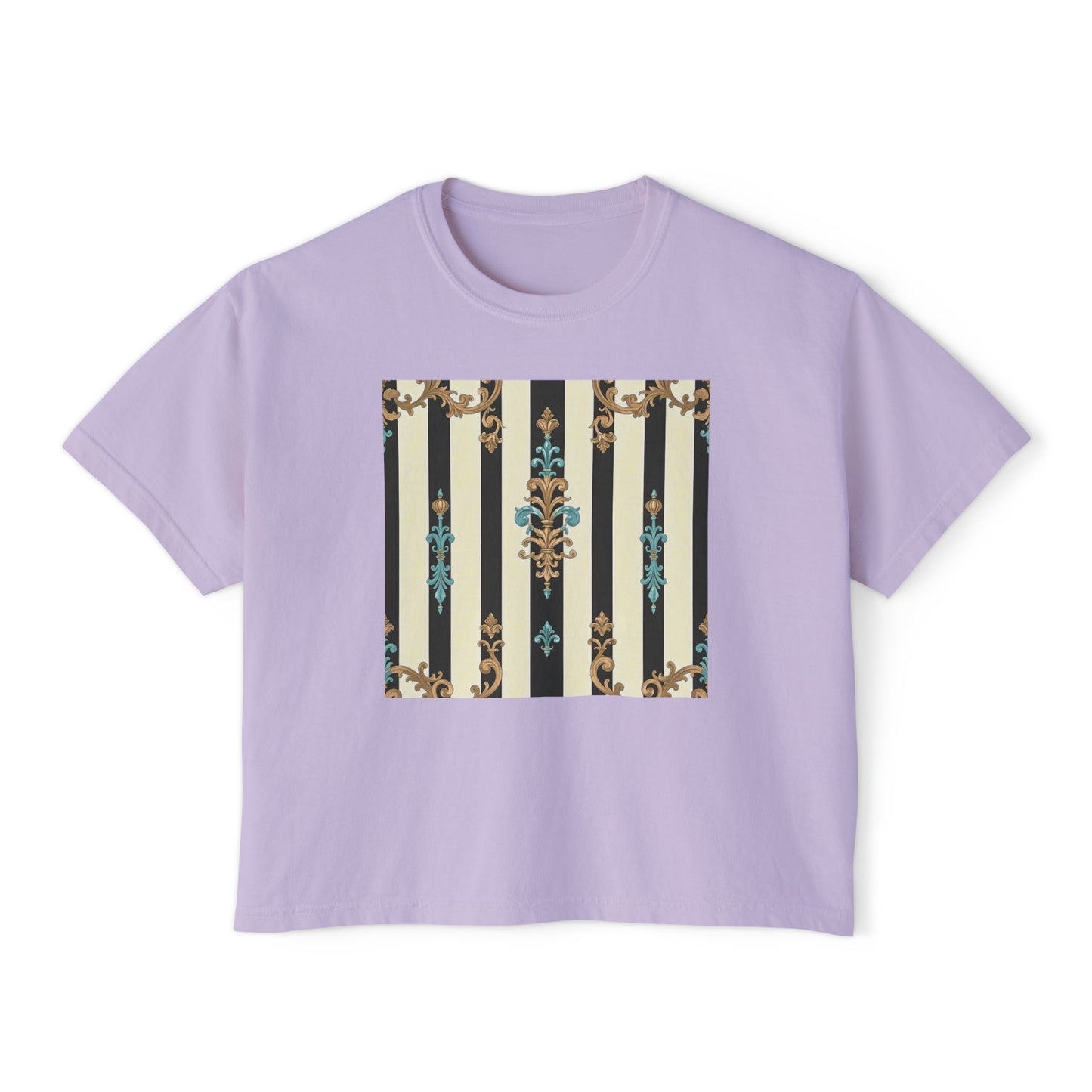 Women's Boxy Tee with Vintage Floral Design, Casual Tee, Summer Top, Gift for Her, Trendy T-Shirt - Black Striped Turquoise & Black Rococo