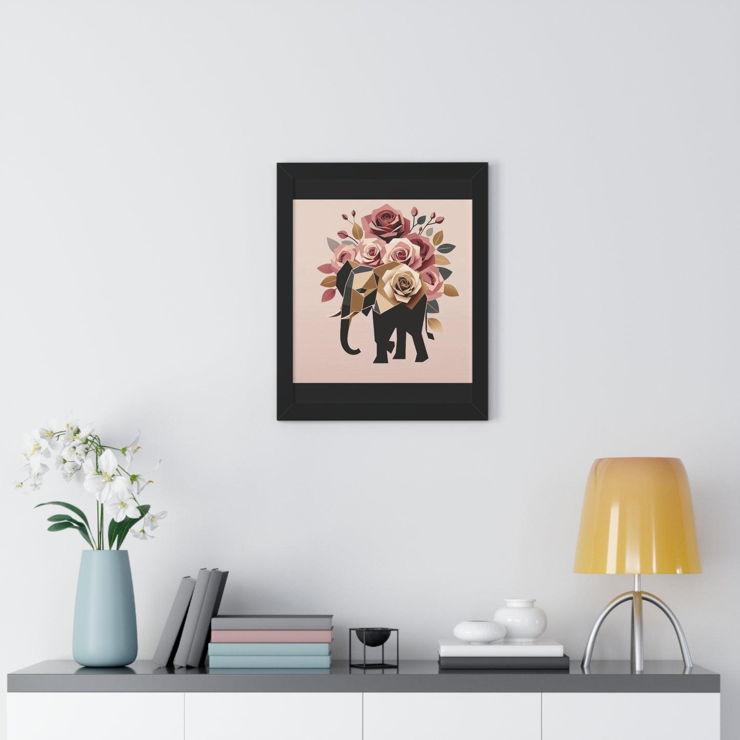 Vertical Poster - Black & Gold Elephant & Roses Wall Art