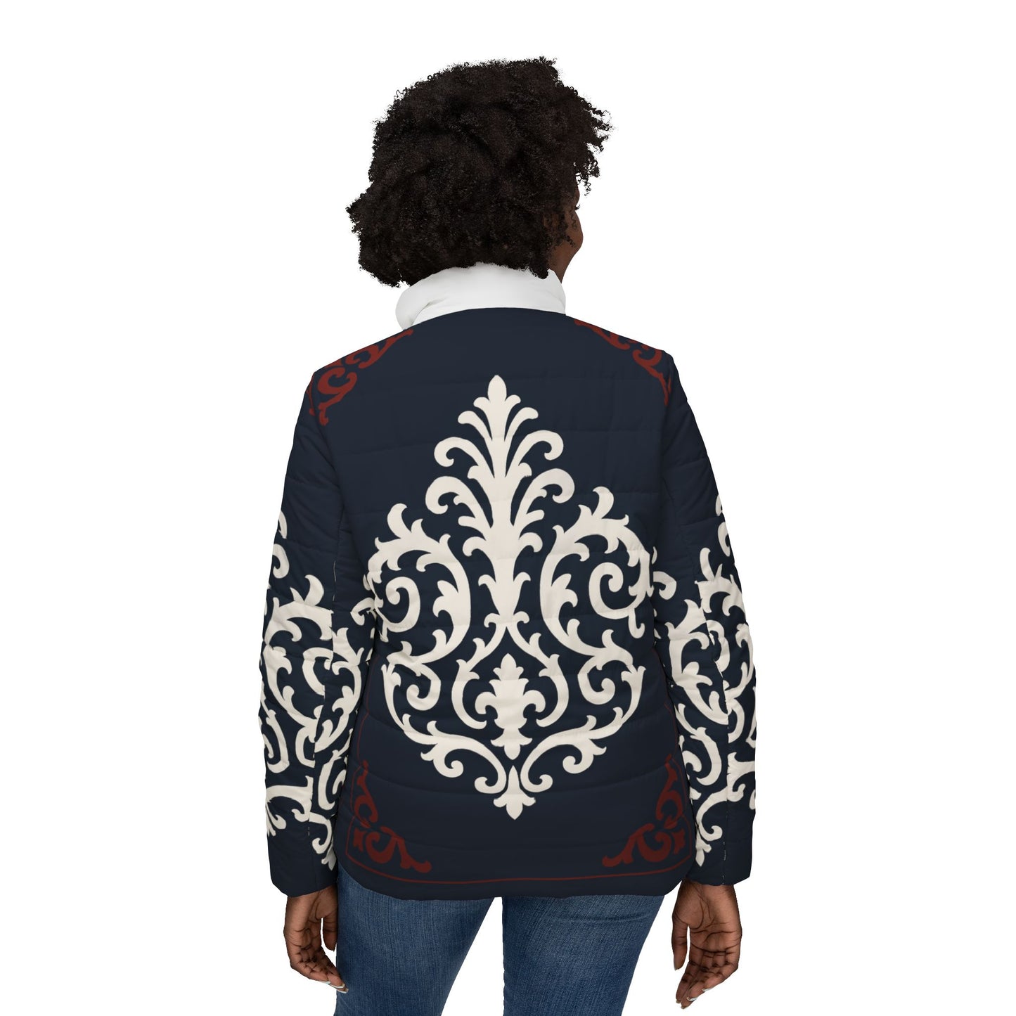 Dusk Blue & Maroon-White Baroque Women’s Puffer Jacket — Elegant Baroque Winter Coat