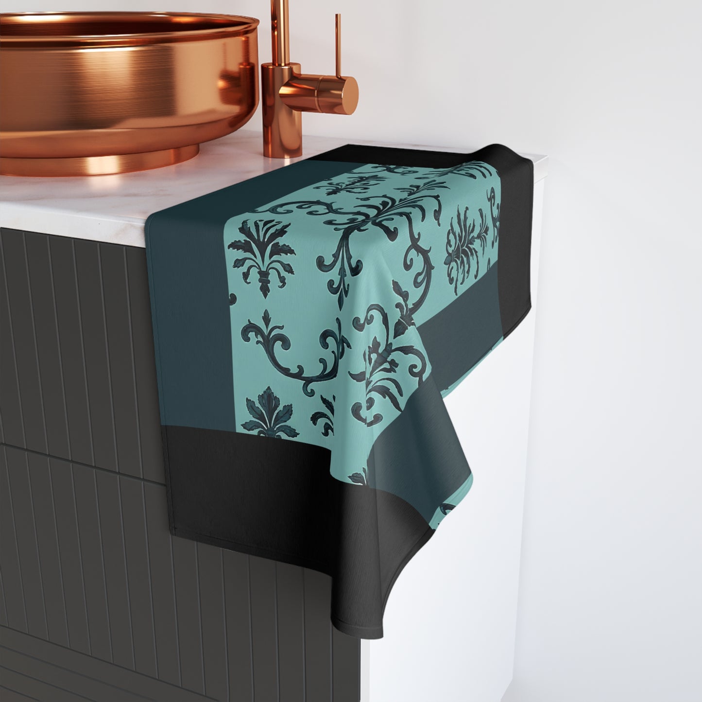 Elegant Decorative Hand Towel for Kitchen or Bathroom, Floral Design Towel, Gifts for Housewarming, Wedding - Teal Striped Rococo