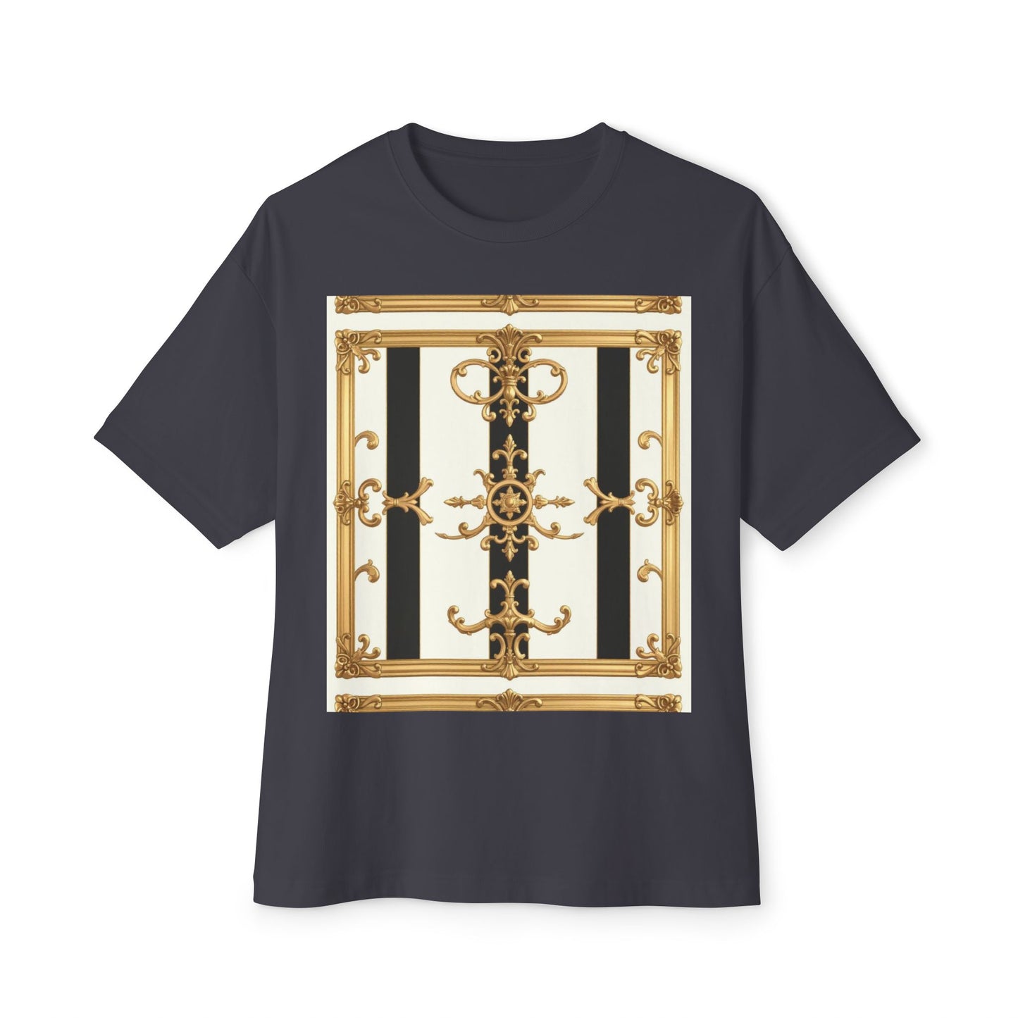 Chic Oversized Boxy Tee with Elegant Gold Design, Fashion T-Shirt, Streetwear Top, Casual Wear - Black & White Striped Gold Baroque