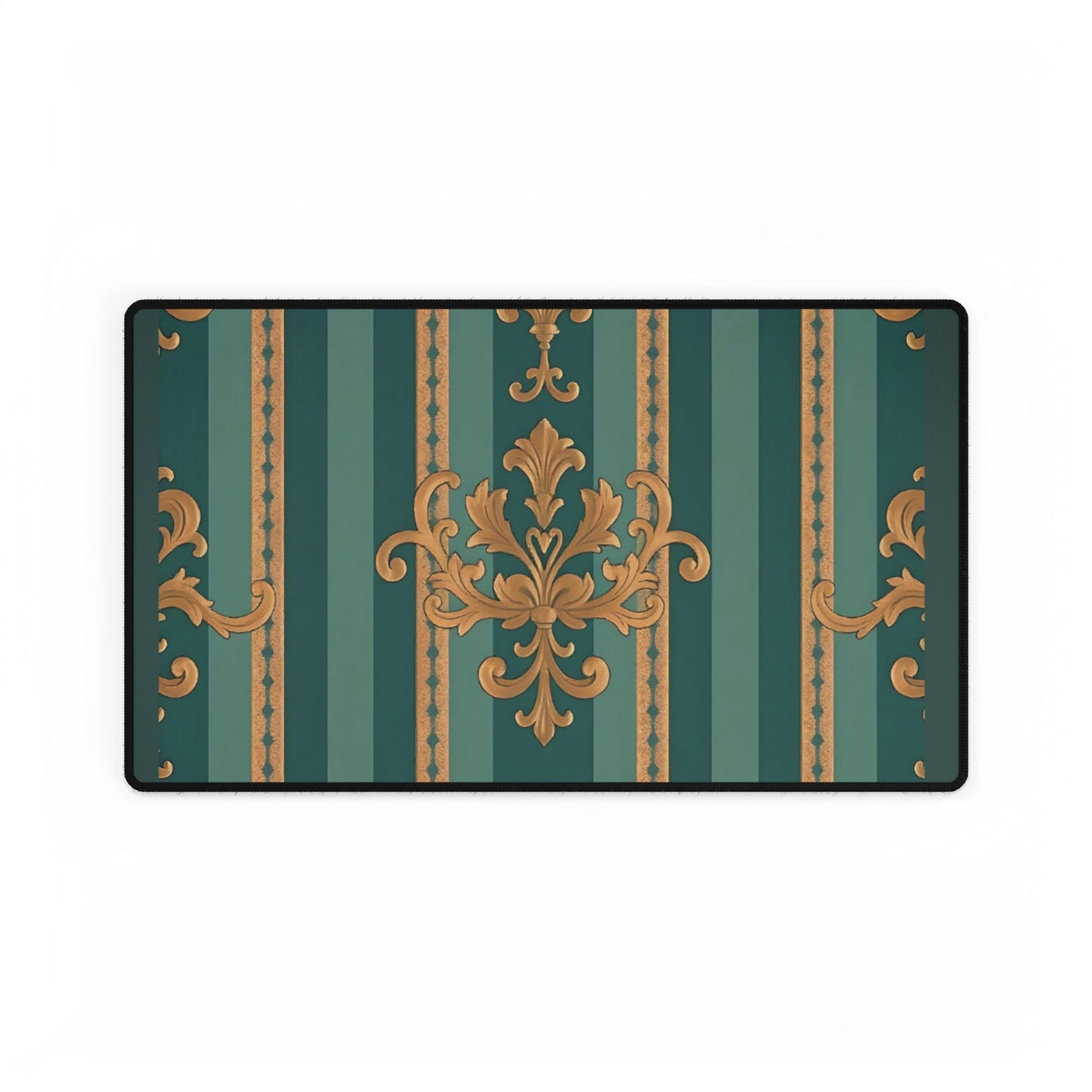 Elegant Floral Motif Desk Mat for Home Office Decor - Teal Striped Gold Damask