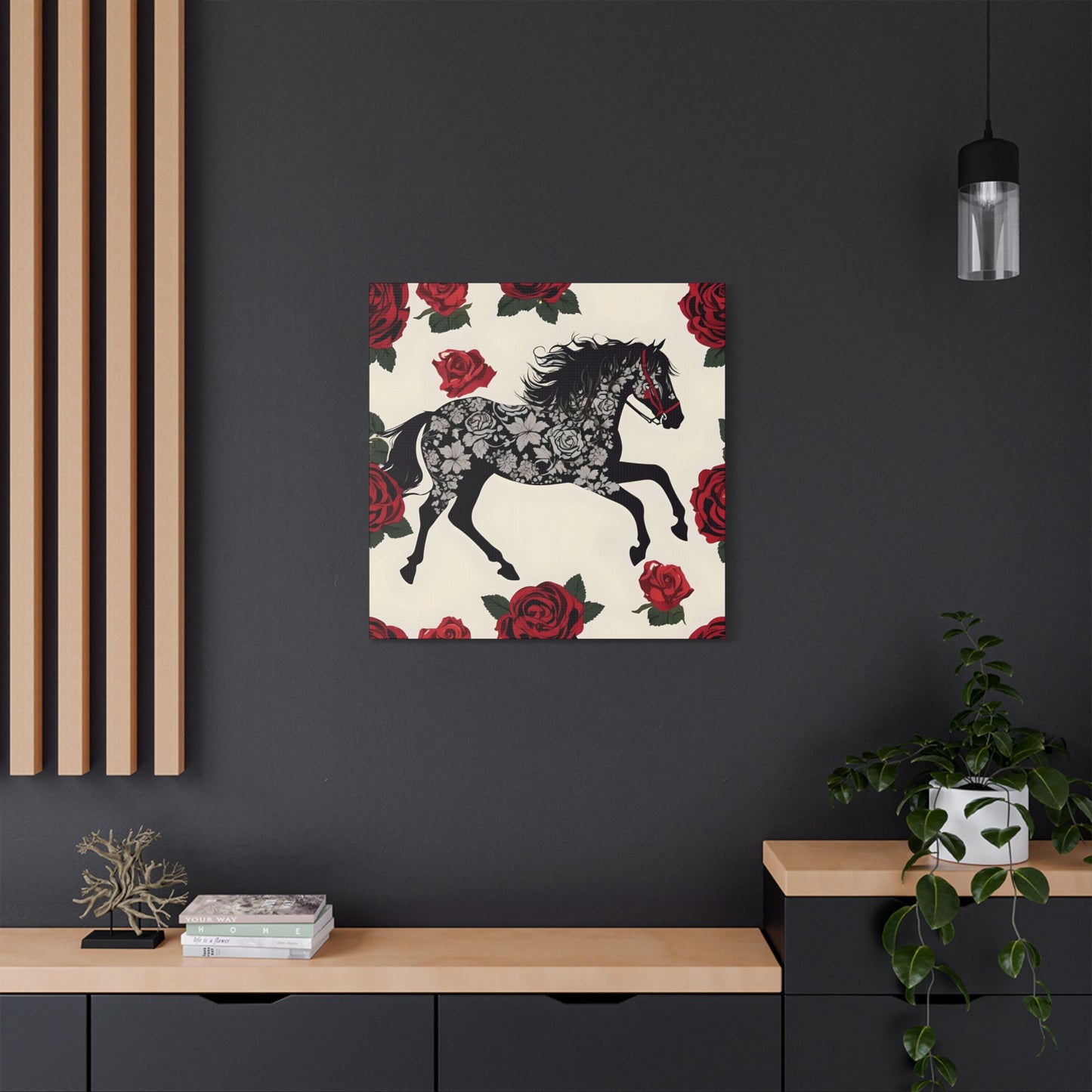 Art Print Canvas, Wall Decor, Satin Stretched Canvas, Equestrian Art, Office Decor, Home Decor - Horse & Roses