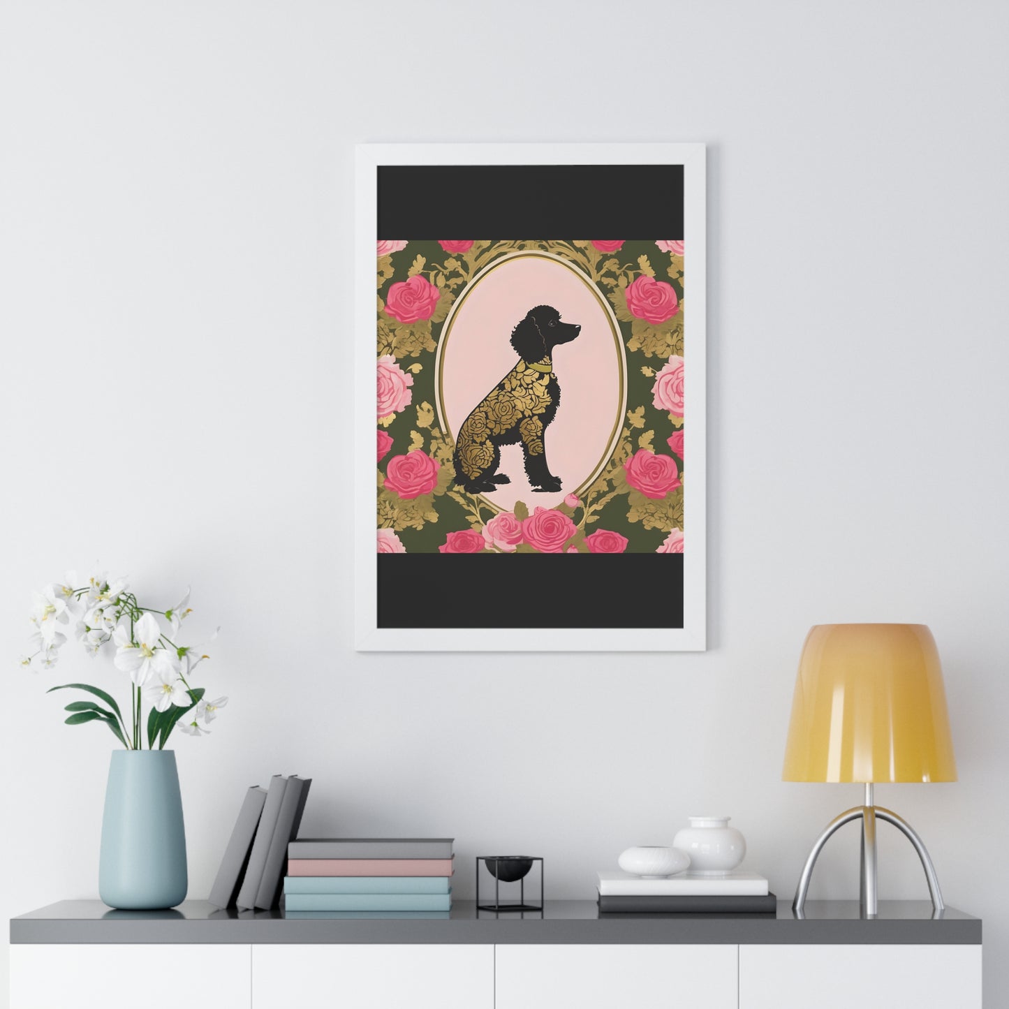 Vertical Poster - Stylish Framed - Art for Home Decor - Damask Black & Gold Poodle in Olive & Pink Roses