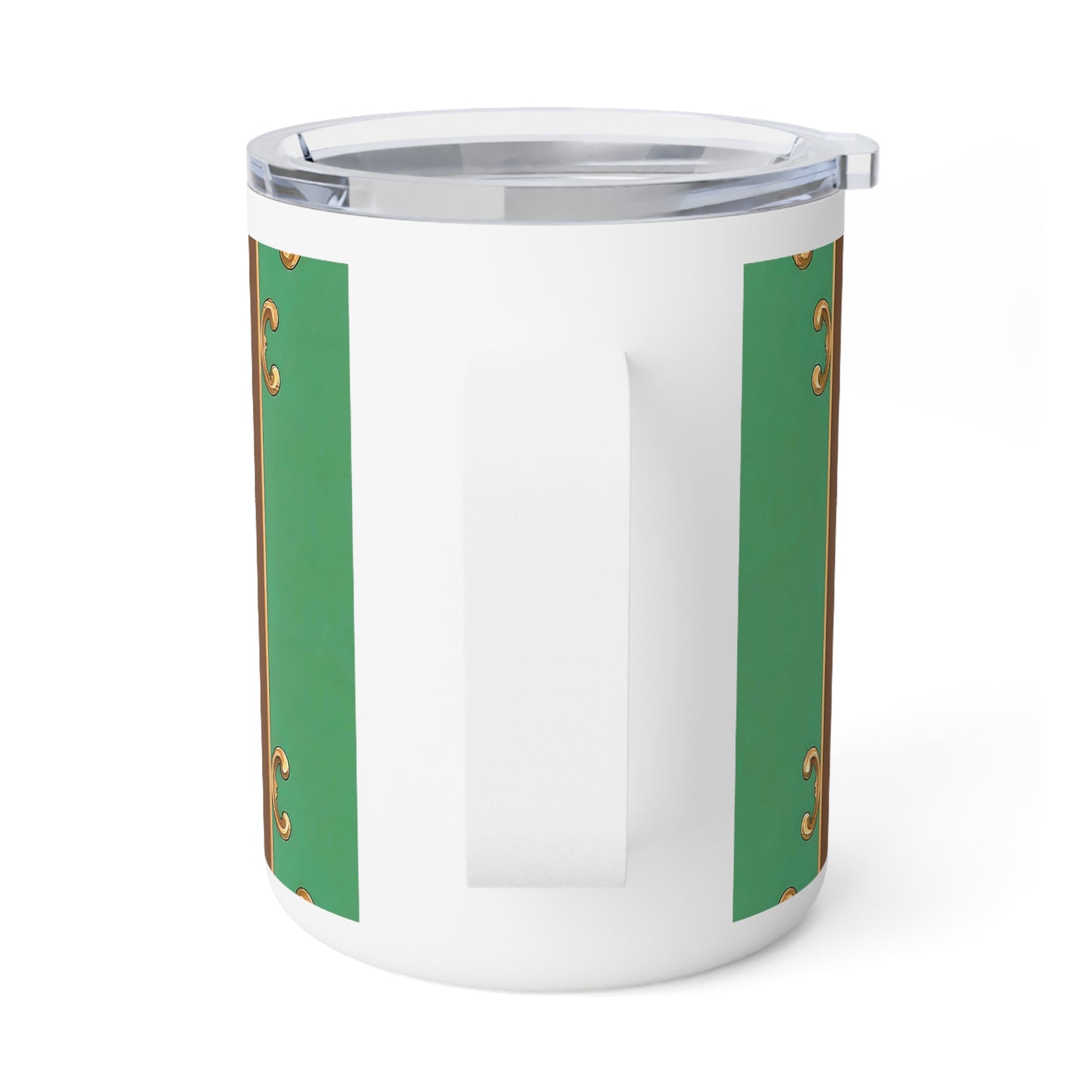 Elegant Vintage Insulated Coffee Mug - 10oz Green & Gold Design - Rust & Green Striped Baroque