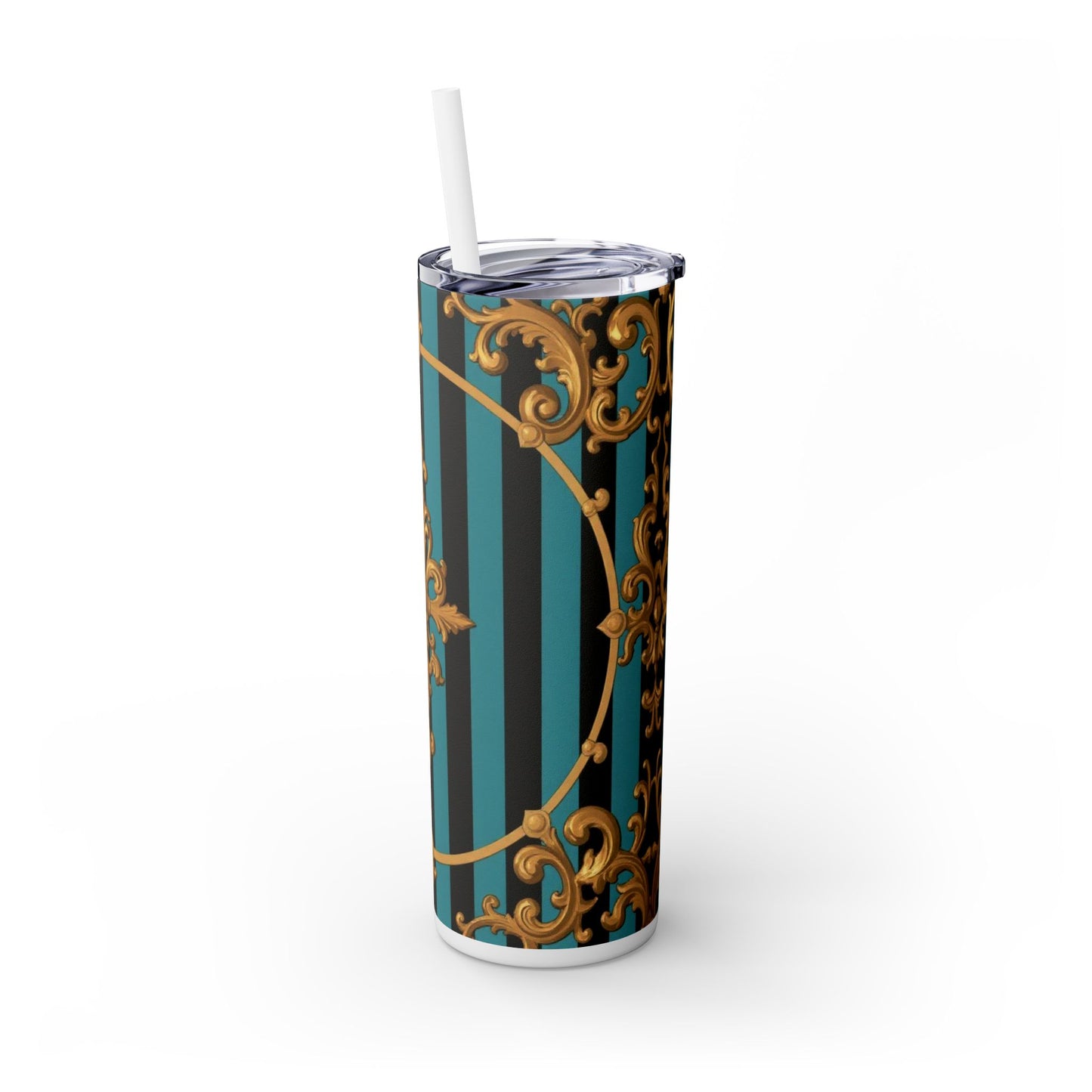 Elegant Turquoise & Black Striped Gold Baroque Skinny Tumbler with Straw, 20oz, Stylish Travel Mug, Party Favor, Birthday Gift, Drinkware