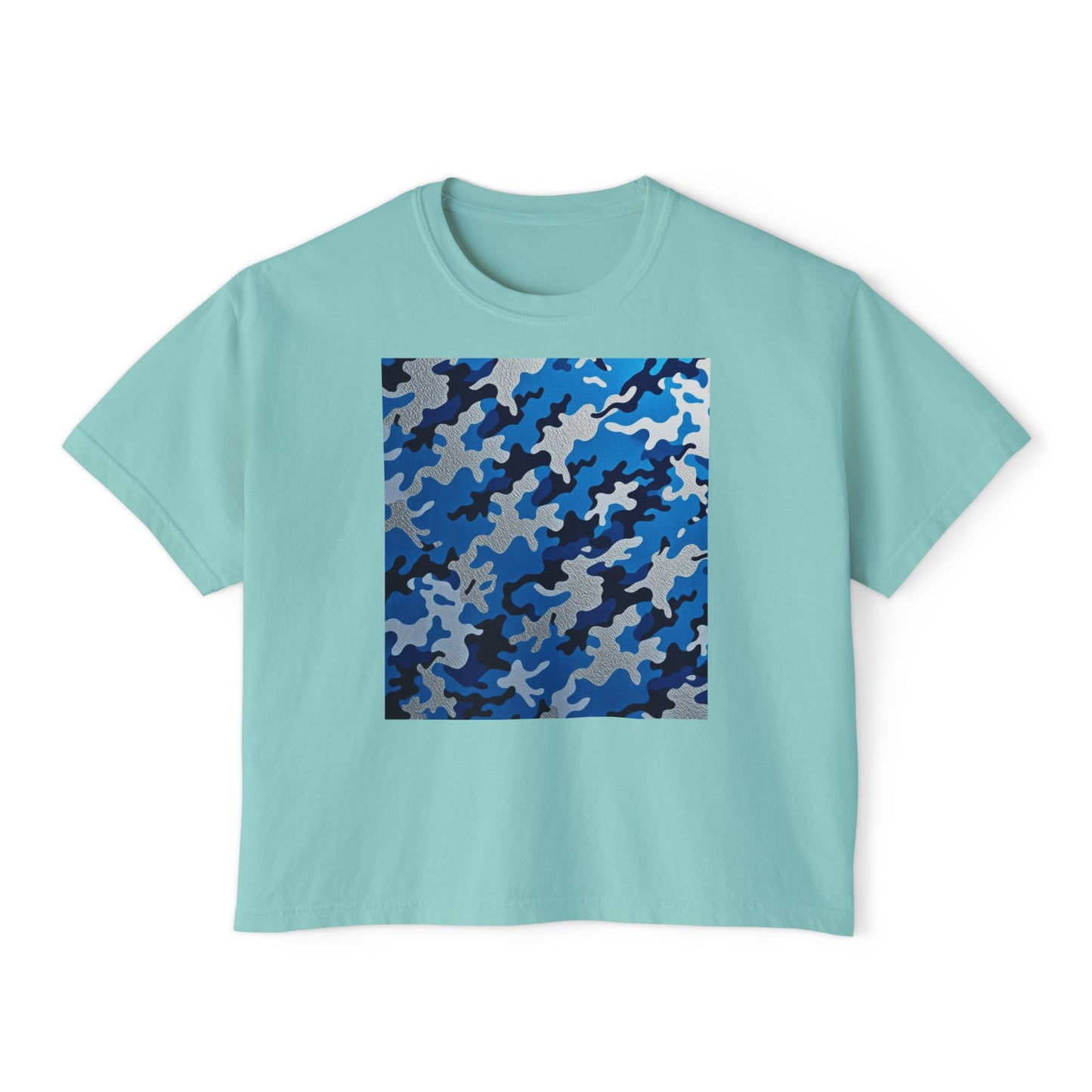 Camo Print Women's Boxy Tee, Casual Top, Summer T-Shirt, Outdoor Wear, Gift for Her, Trendy Fashion - Blue Camo