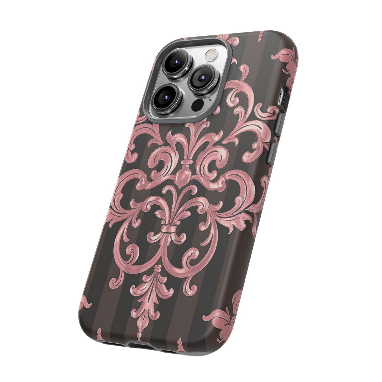 Elegant Floral Motif Phone Case - Tough Cases with Vintage Design - Brown Striped Mauve Damask