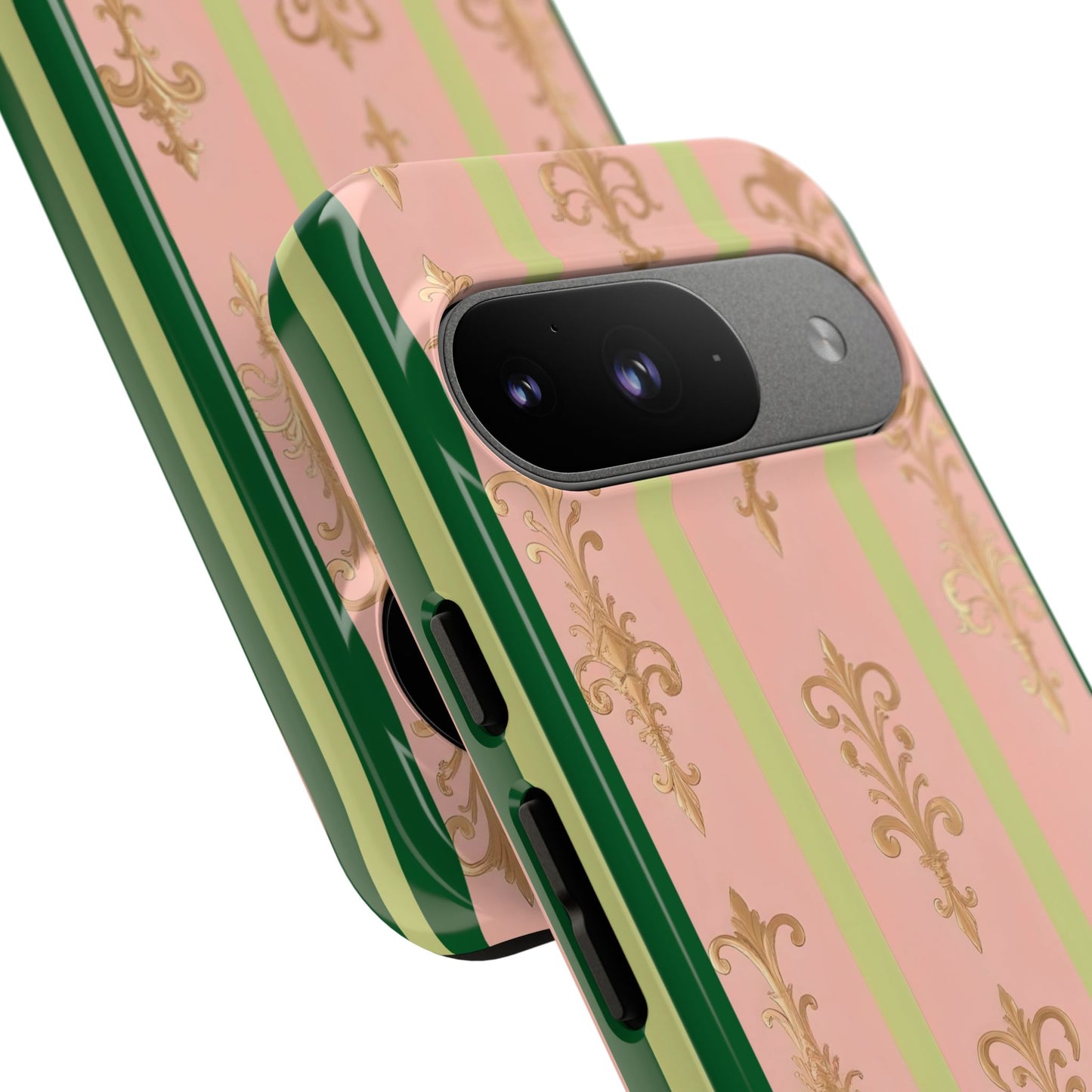 Elegant Floral Motif Phone Case - Tough Cases with Vintage Design - Lime Green & Pink Striped Damask