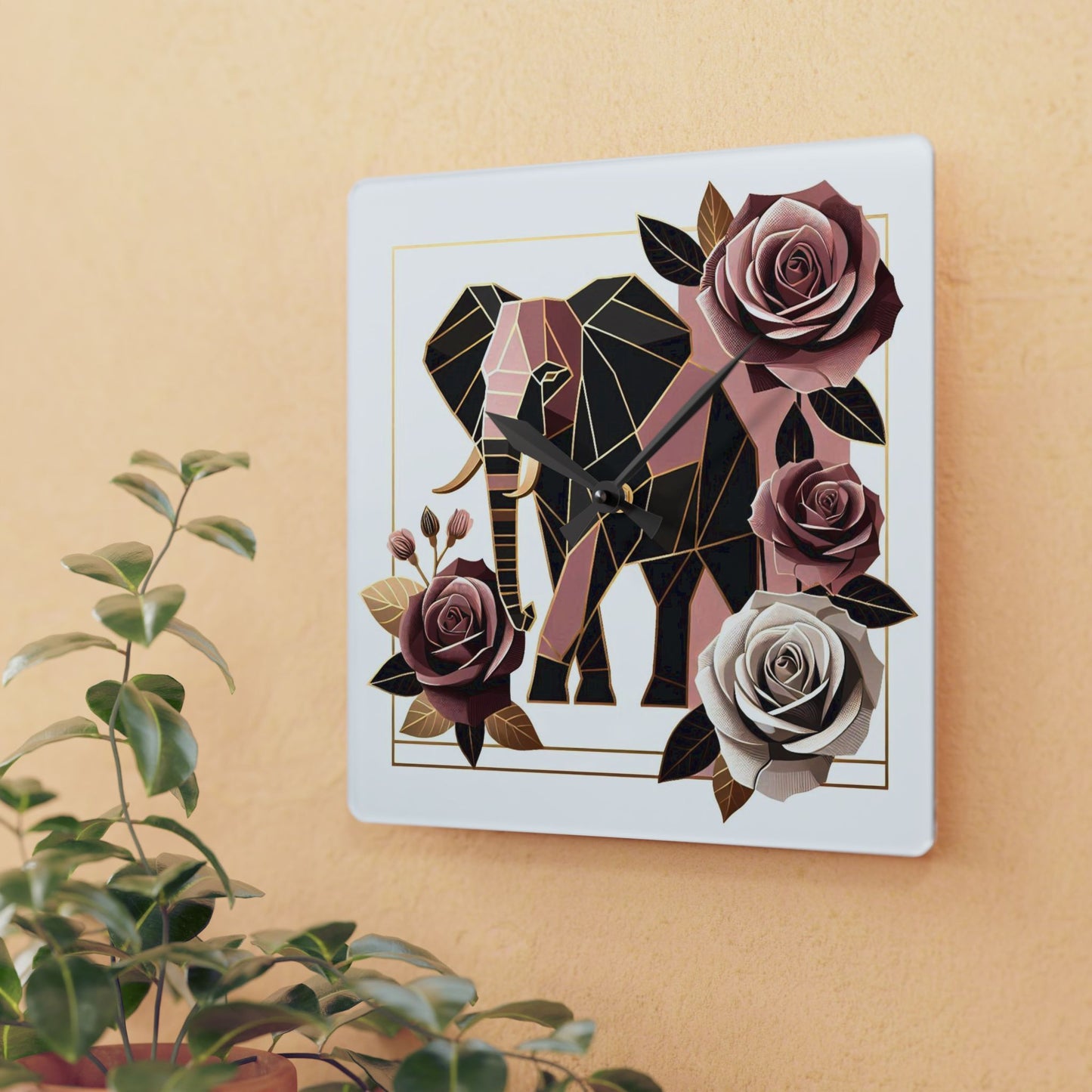 Bohemian Elephant-Inspired Acrylic Wall Clock with Floral Design - Brown & Mauve Elephant & Roses Design