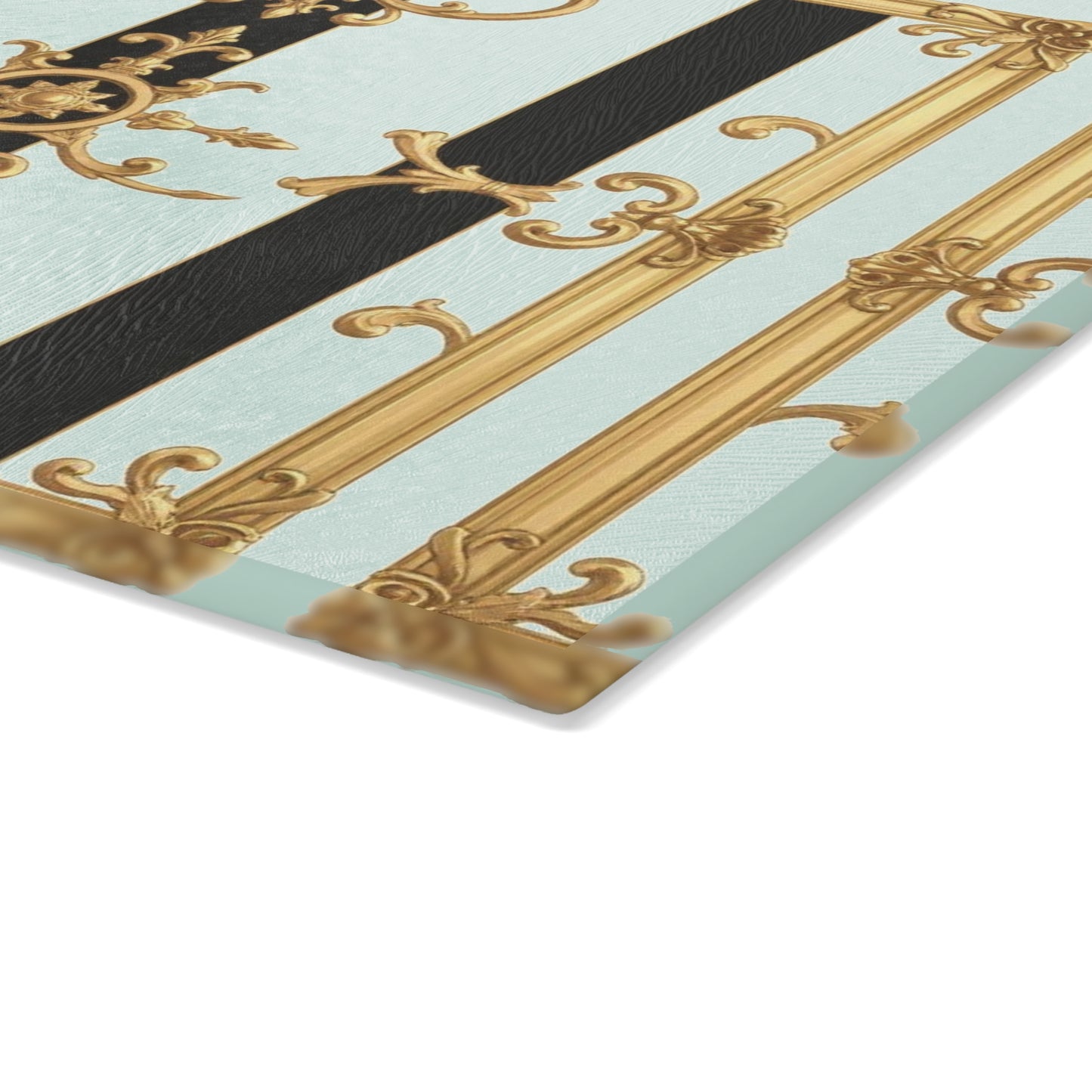 Elegant Glass Cutting Board, Chic Kitchen Decor, Housewarming Gift, Culinary Art, Unique Serving Tray - Black & White Striped Gold Baroque