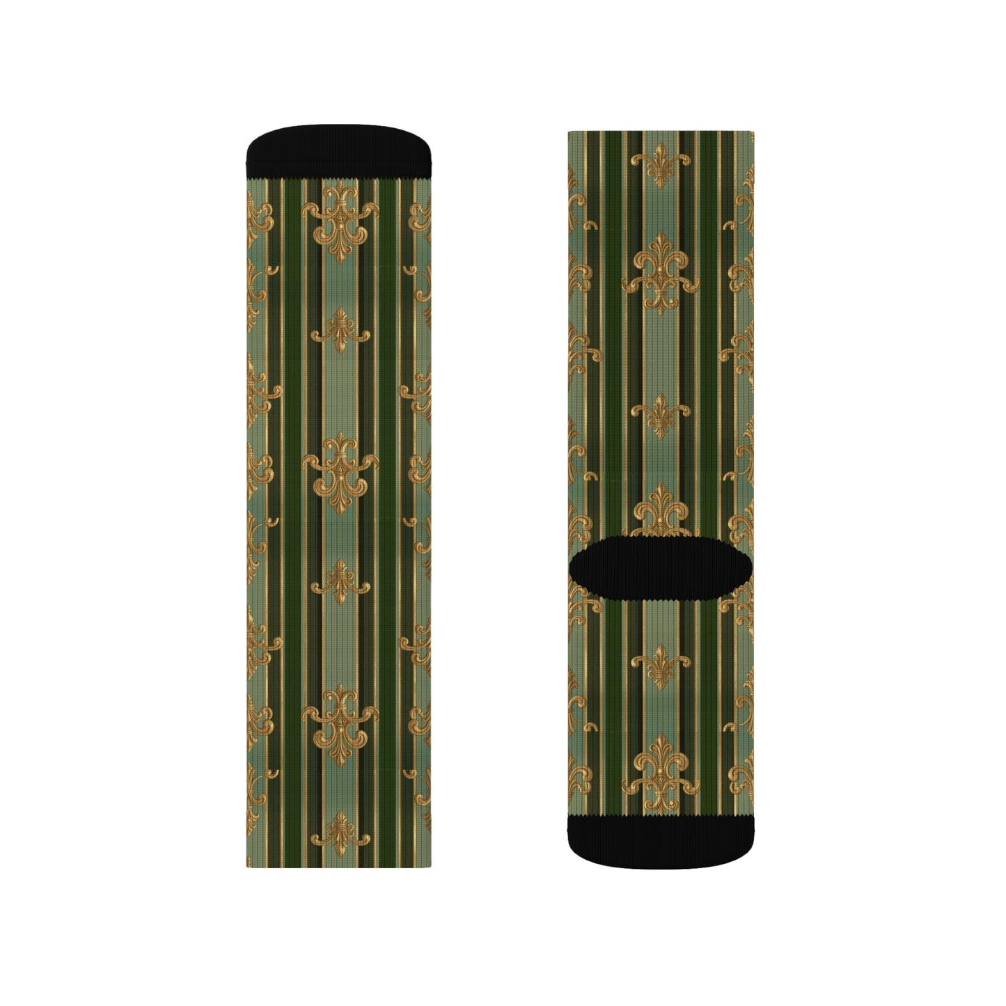 Stylish Floral Sublimation Socks | Unique Gift for Fashion Lovers, Comfortable Daily Wear - Green Striped Gold Baroque