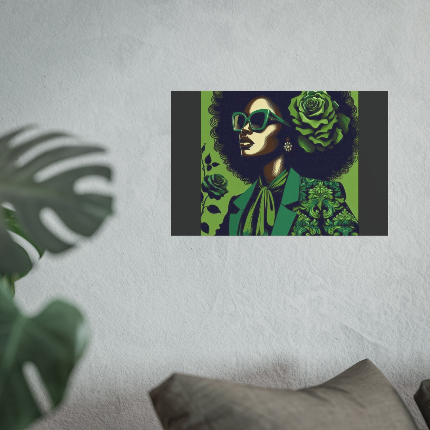 Chic Afrocentric Art Poster, Vibrant Wall Décor, Stylish Home Decoration, Damask Chic Art Print - Lady In Green Damask