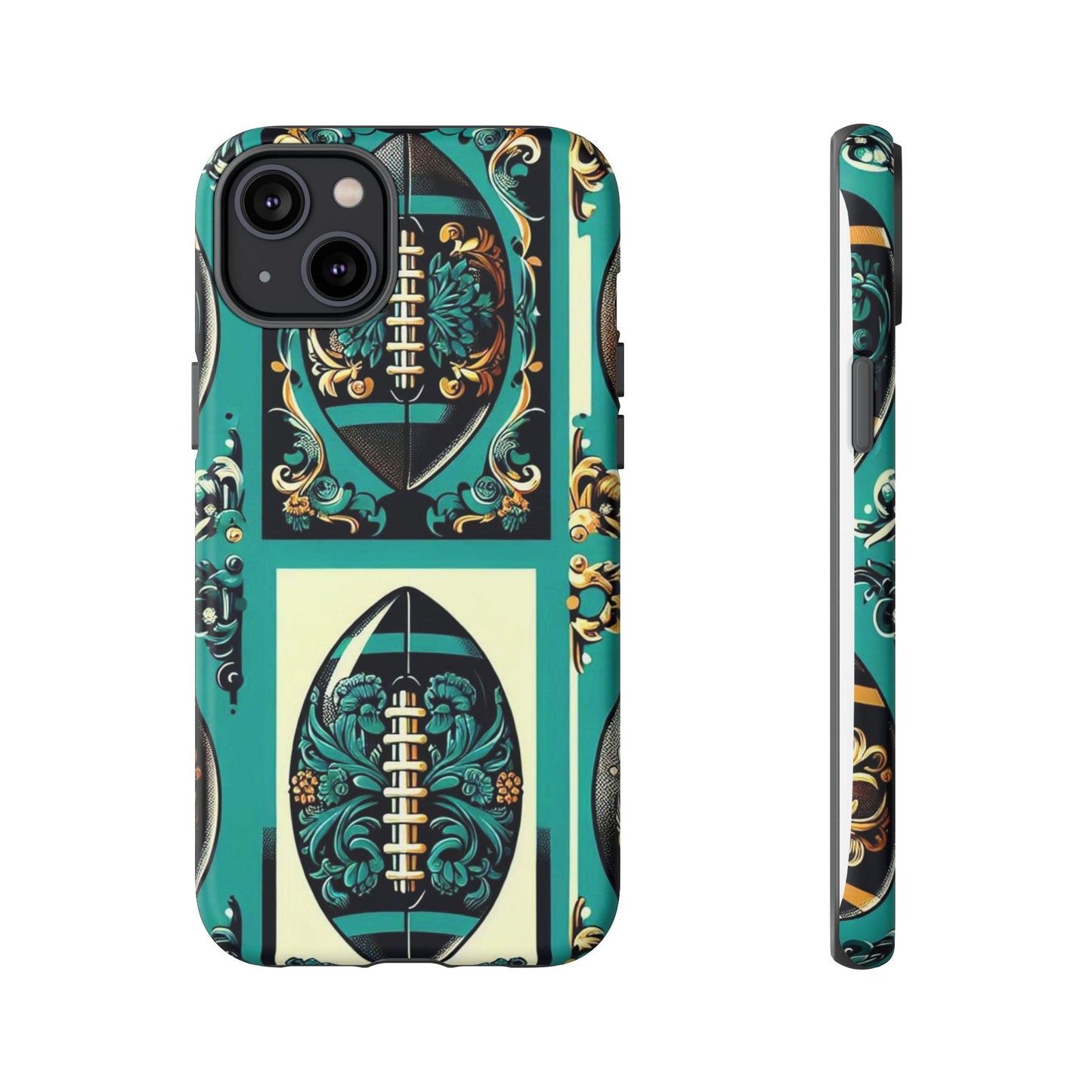 Elegant Floral Motif Phone Case - Tough Cases with Vintage Design -  Damask Teal, Gold & Black Footballs