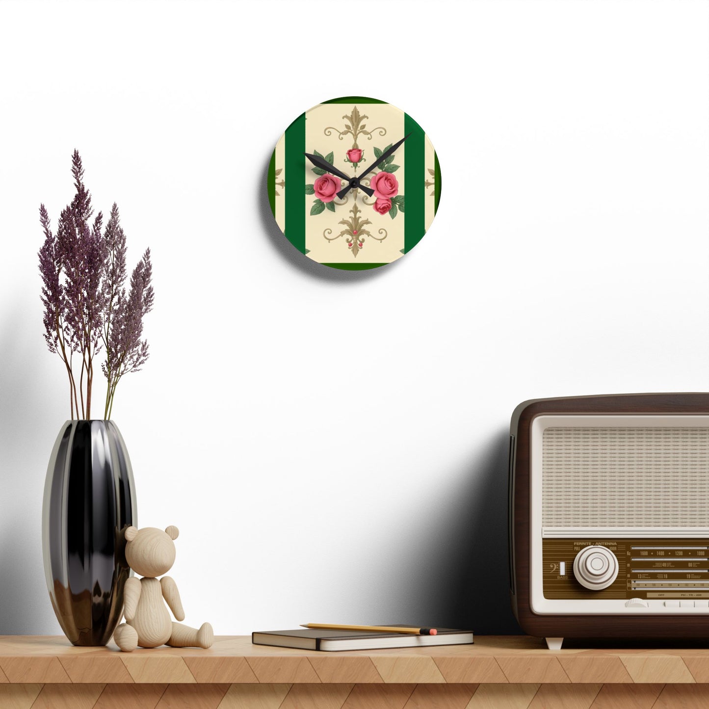 Bohemian Damask-Inspired Acrylic Wall Clock with Floral Design - Green Border Roses & Damask