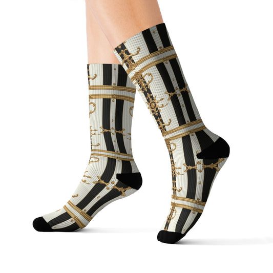Chic Patterned Socks, Stylish Footwear Gift, Unique Fashion Statement, Cozy Everyday Use - Black & White Striped Gold Baroque