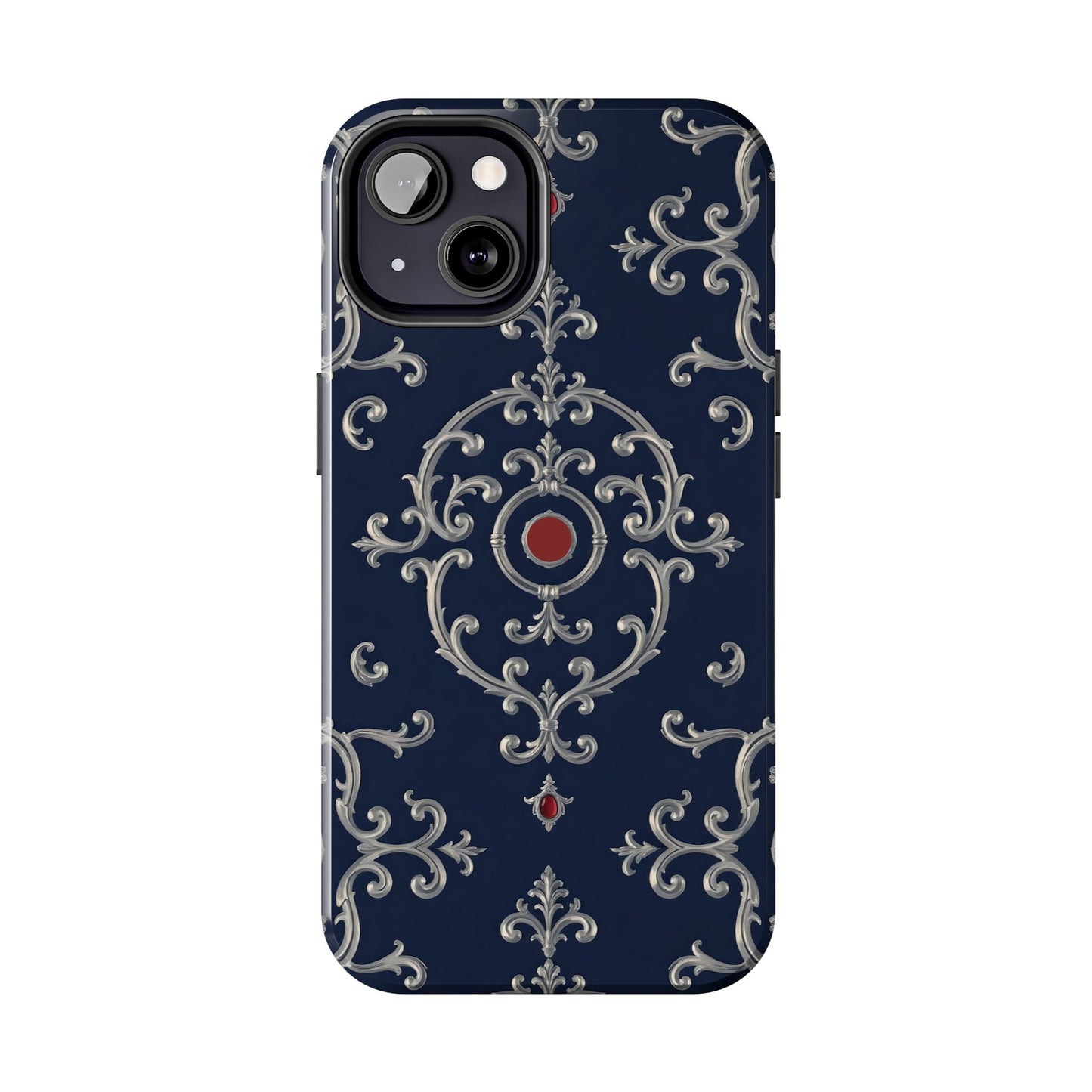 Elegant Patterned Tough Phone Cases for Stylish Protection, Gift for Her, Unique Accessories - Blue & Red Striped Silver Baroque